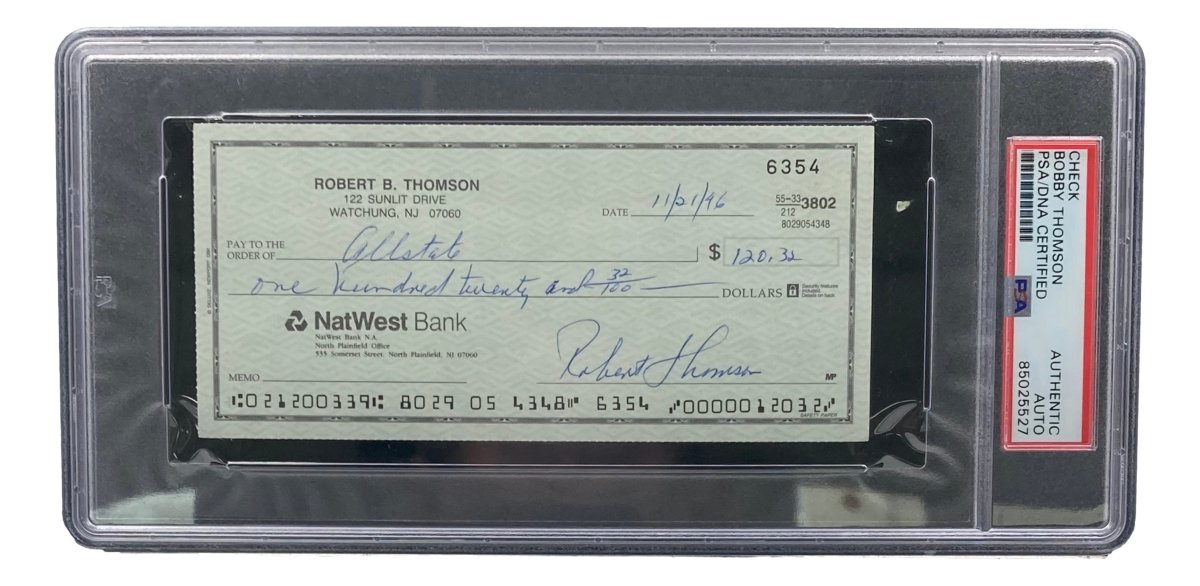 Authentic Bobby Thomson New York Giants Signed Bank Check with PSA/DNA Certification #85025527 - Perfect for Sports Memorabilia Collectors and Baseball Fans
