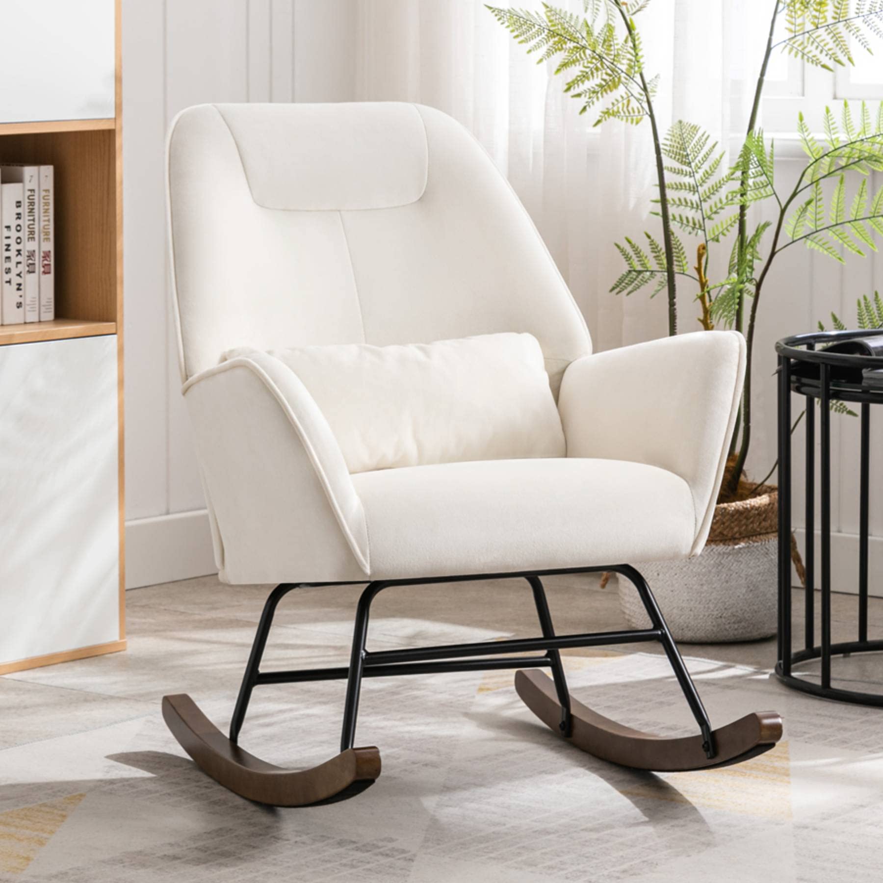 Modern White Velvet Rocking Chair for Baby Nursery - Comfy Upholstered Rocker with Solid Wood Legs & Waist Pillow - Perfect for Reading, Nursing, Living Room, Bedroom & Balcony Relaxation