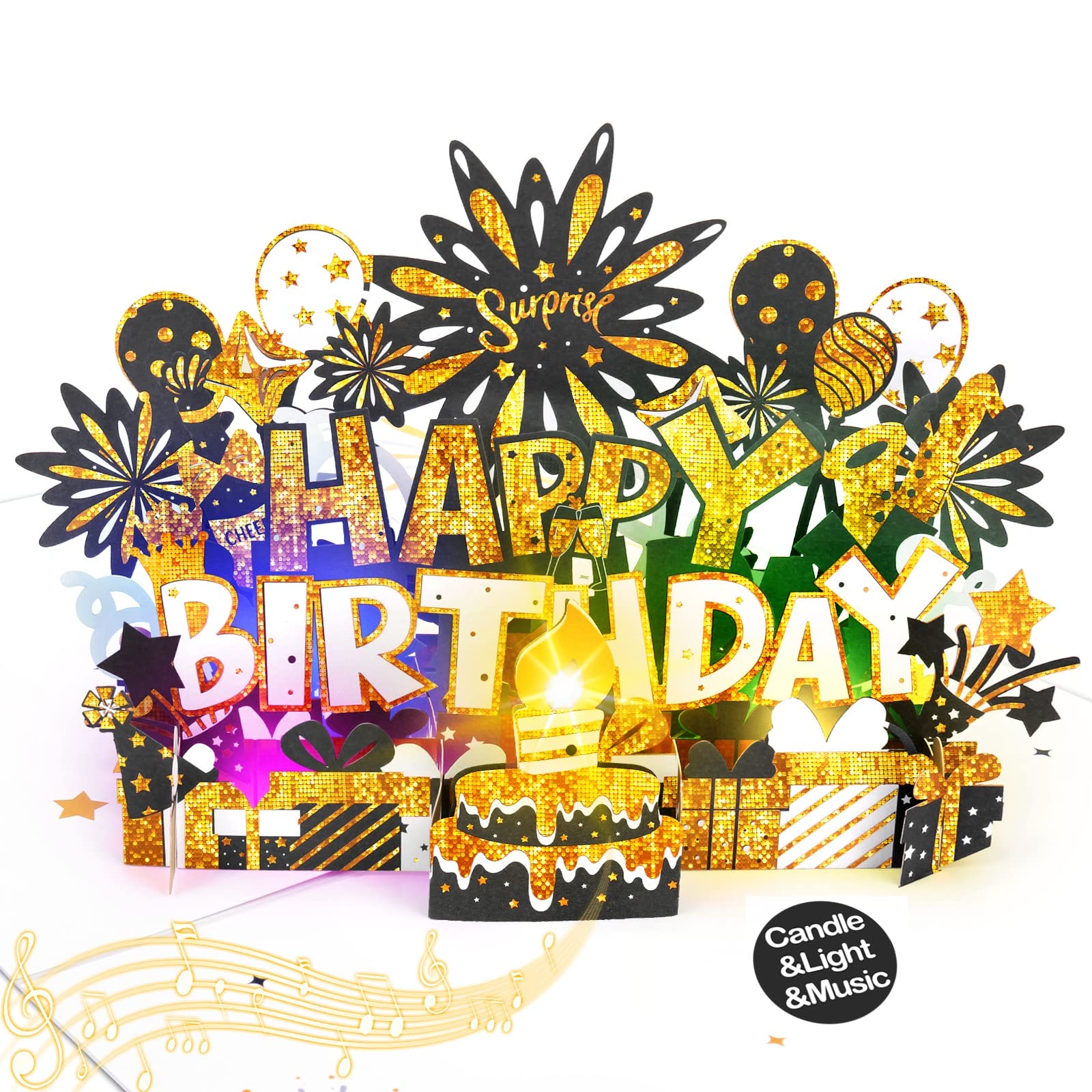 HUAXUS Large Musical Birthday Card with Blowable Candle - 3D Pop Up Greeting Card for Men, Women, Husband, Wife | Black Gold Glitter Design | Unique Gift for Birthday Parties, Anniversaries & Special Occasions