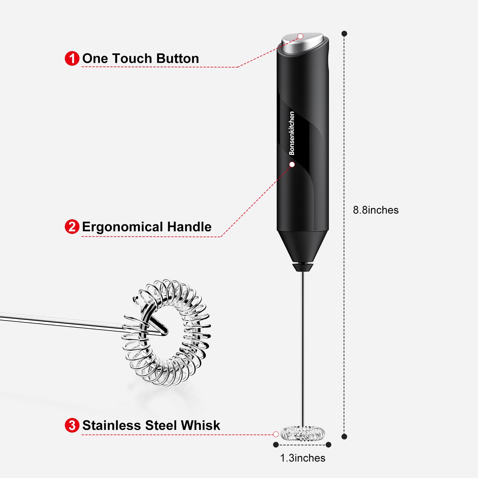 Bonsenkitchen Powerful Milk Frother for Coffee & Latte - Handheld Battery Operated Drink Mixer with Stainless Steel Whisk - Perfect for Cappuccino, Hot Chocolate & Smoothies at Home or Office