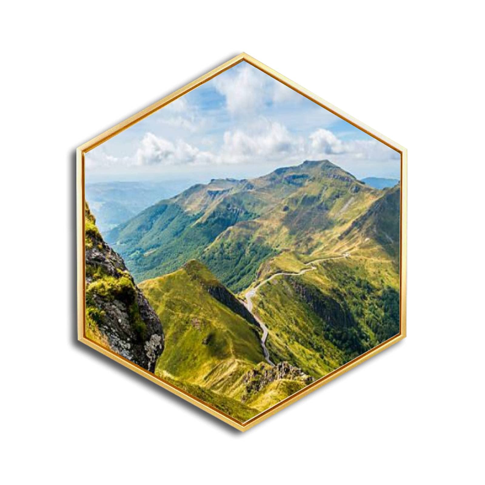 Golden Framed Hexagon Canvas Wall Art - Auvergne Volcanoes Giclee Print, Minimalist Modern Home & Office Decor - Ready to Hang | Perfect for Living Room, Bedroom & Workspace
