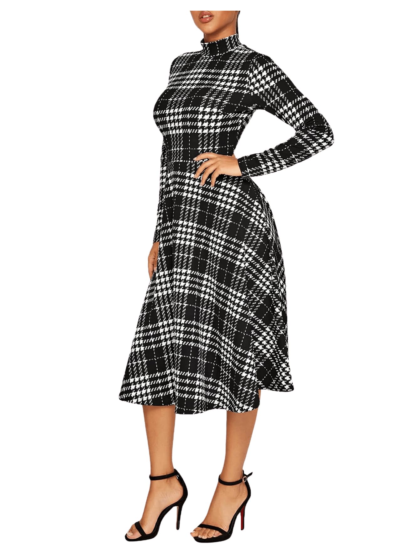 Floerns Women's High Neck Plaid Fit and Flare Midi Dress - Elegant A-Line Flowy Dress for Office, Party & Date Night | Plus Size Options Available