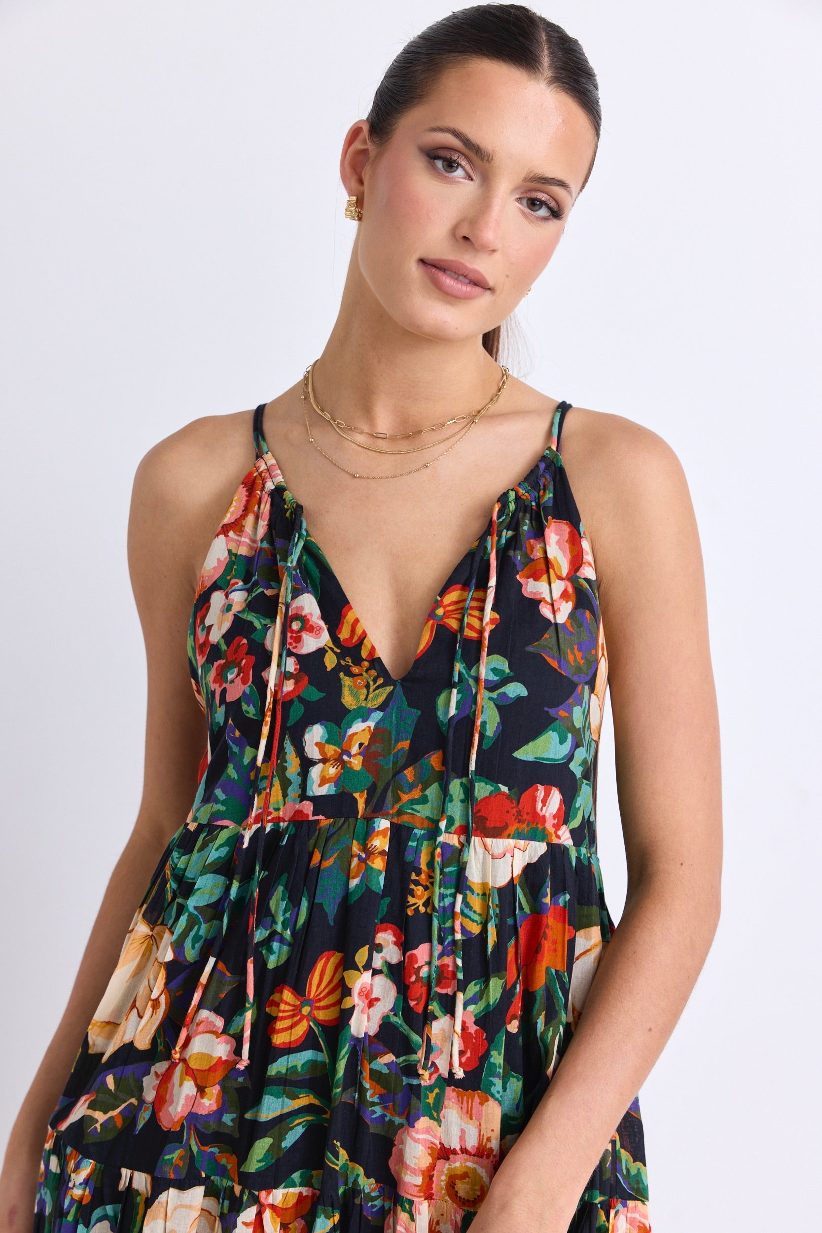 Elegant Black Floral Print Cotton Strappy Tiered Maxi Dress for Women - Perfect for Summer Vacations, Beach Parties & Date Nights