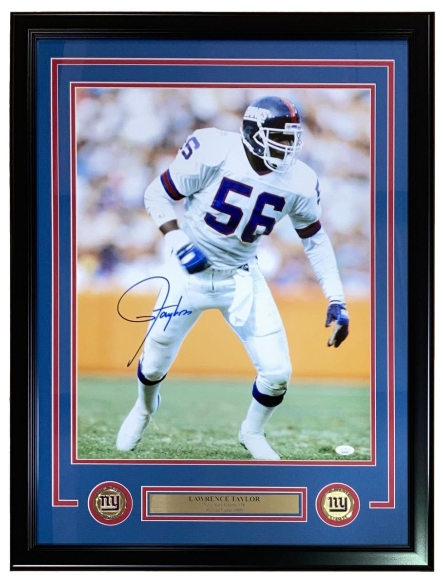 Lawrence Taylor Autographed 16x20 Framed New York Giants Photo with JSA Certificate - Perfect for Sports Memorabilia Collectors and Giants Fans