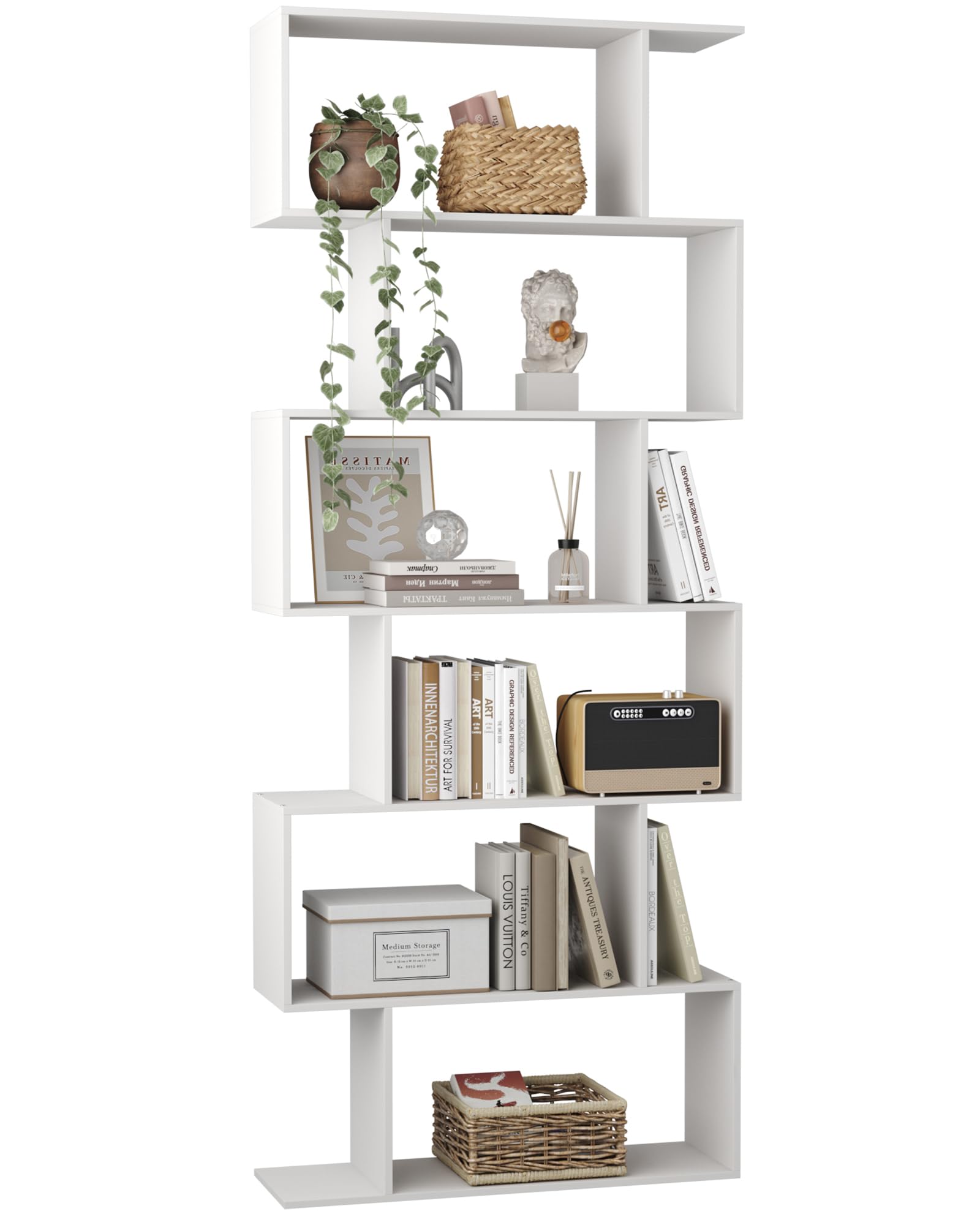 Modern Geometric 6-Tier White S-Shaped Bookshelf - Stylish Bookcase for Living Room, Office & Bedroom Storage & Display