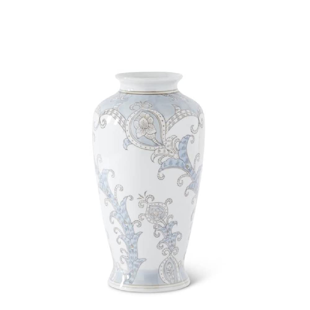 K&K Interiors Blue and Gray Floral Ceramic Vase - Elegant Home Decor for Living Room, Dining Table, or Wedding Centerpiece