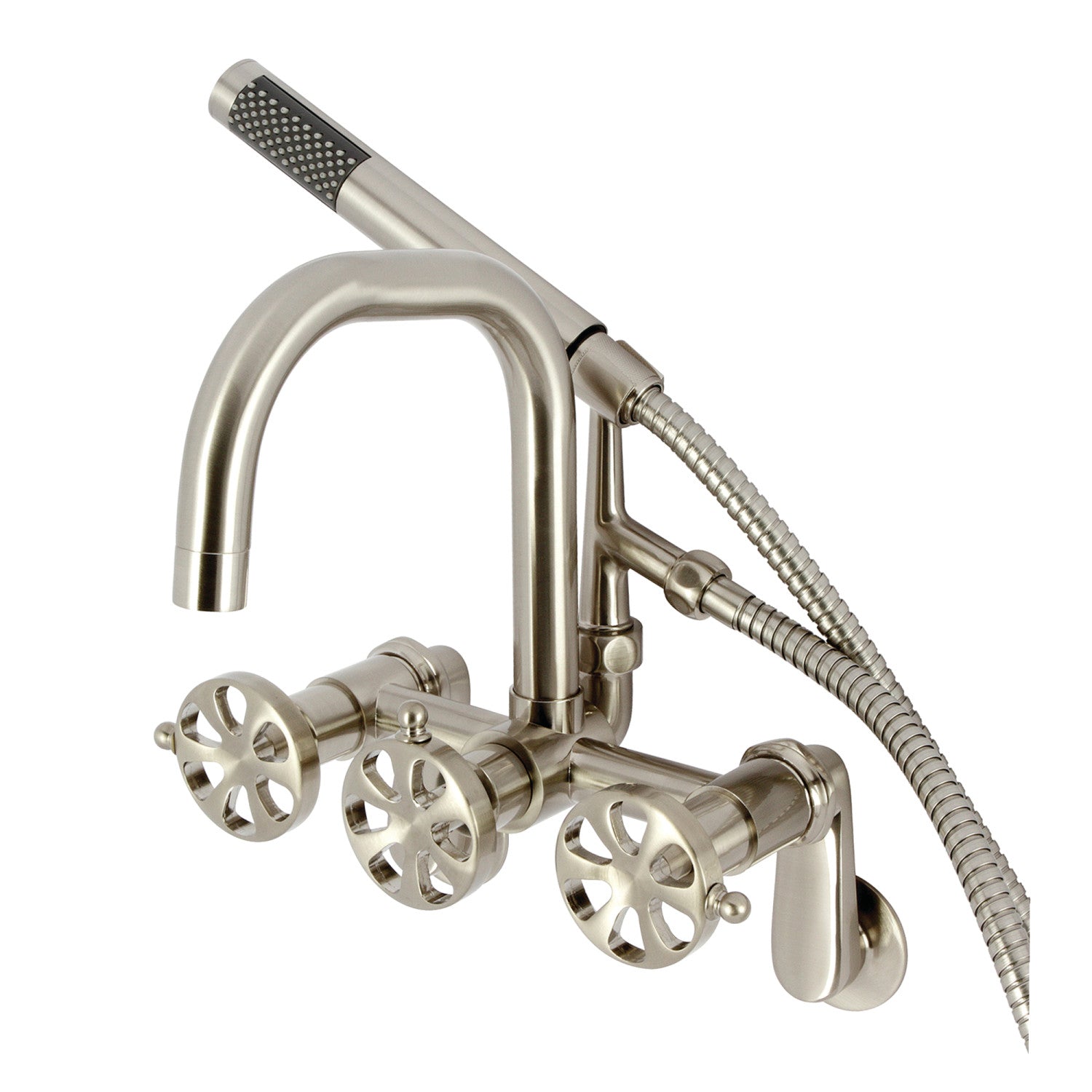 Belknap AE8458RX 3-Handle 2-Hole Wall Mount Clawfoot Bathtub Faucet with Hand Shower in Brushed Nickel - Perfect for Vintage Bathroom Renovations and Spa-Like Shower Experience