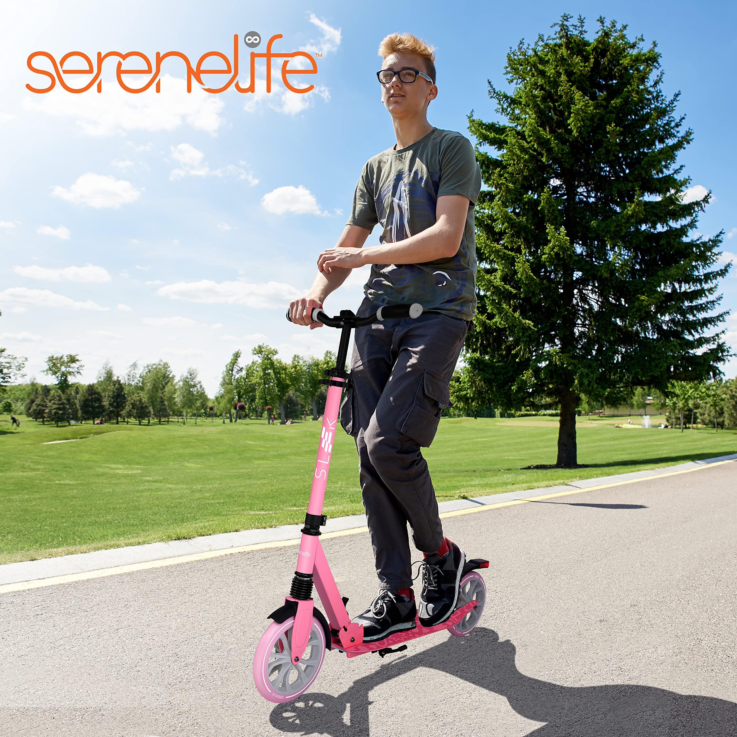 SereneLife Adjustable Kick Scooter for Adults, Teens & Kids - 2-Wheel Folding Scooter with Anti-Slip Alloy Deck & T-Bar Handlebar - Portable Design with Carrying Strap - Perfect for Commuting, School, Park Rides & Outdoor Fun