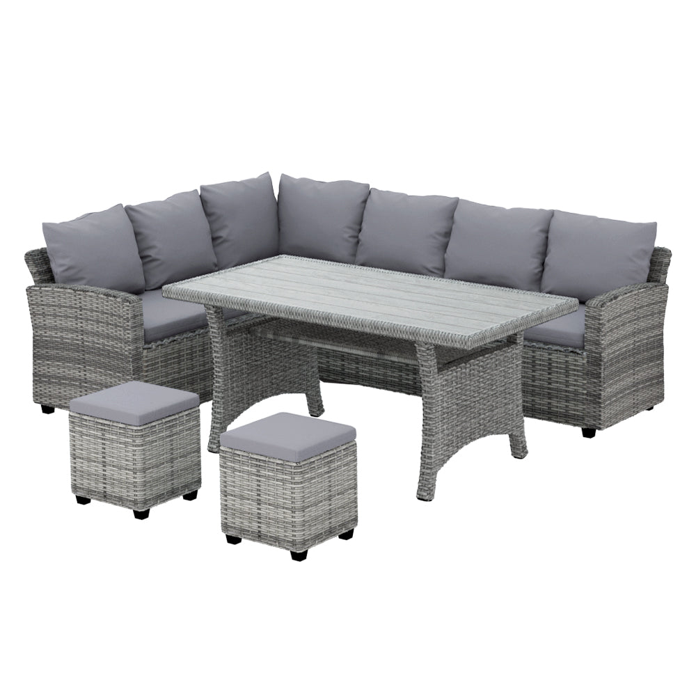 9-Piece Outdoor Wicker Patio Dining Set with Mixed Grey Cushions - Perfect for Backyard BBQs, Poolside Lounging & Garden Entertaining