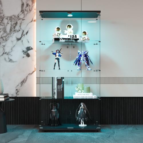 KEIKI 4-Tier Glass Display Cabinet with LED Lights - Lockable Curio Cabinet for Trophy Collections, Home Decor & Retail Displays - Black Standing Glass Shelf with Doors & Handle
