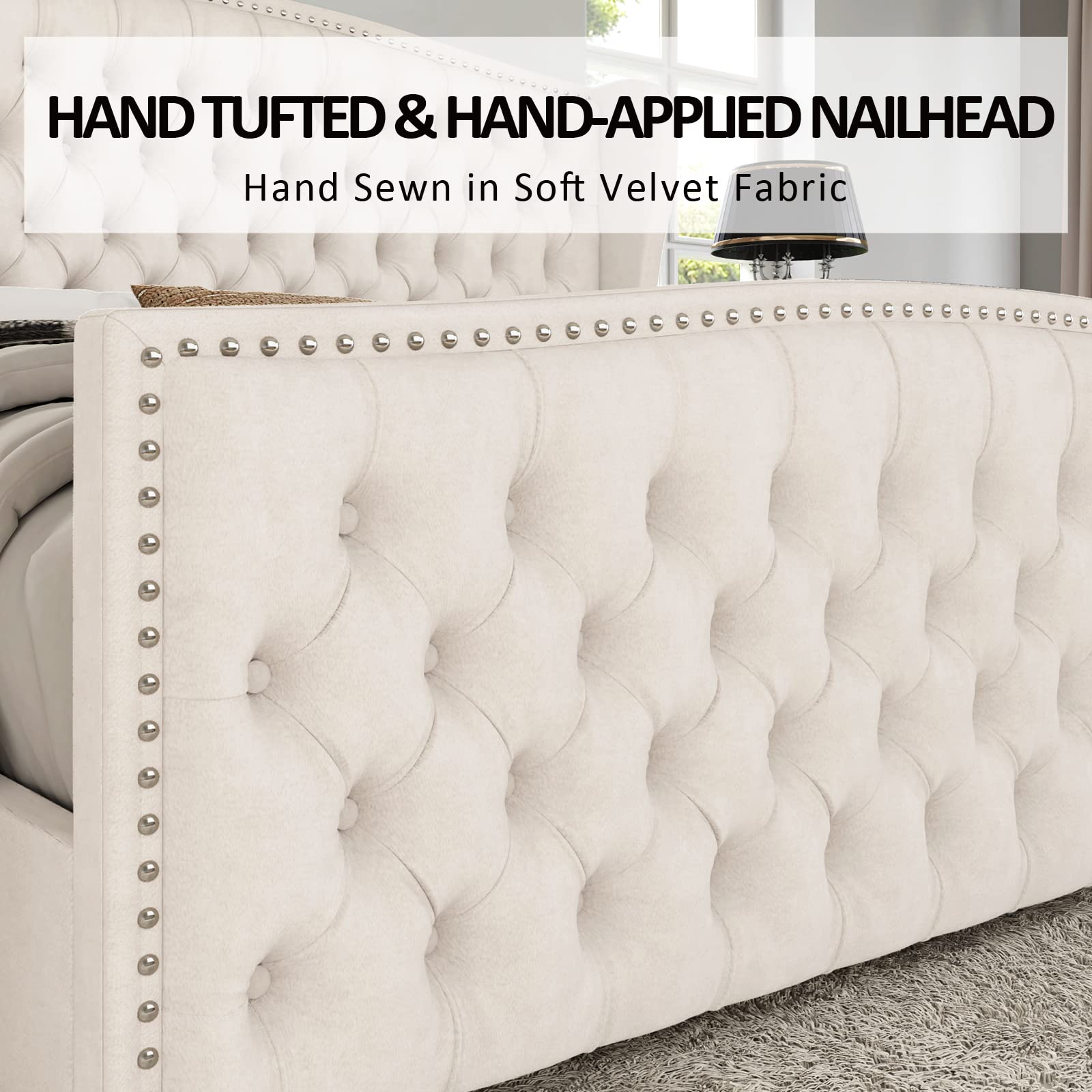 AMERLIFE Queen Size Velvet Upholstered Platform Bed Frame with Button Tufted Headboard & Nailhead Trim - No Box Spring Needed in Cream | Modern Bedroom Furniture for Master Suite, Guest Room & Apartment