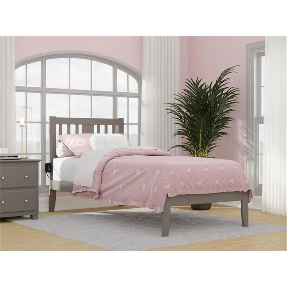 BOWERY HILL Solid Wood Twin XL Spindle Bed Frame with USB Turbo Charger - Gray Finish | Sturdy & Modern Platform Bed for Guest Rooms, Dorms & Small Spaces