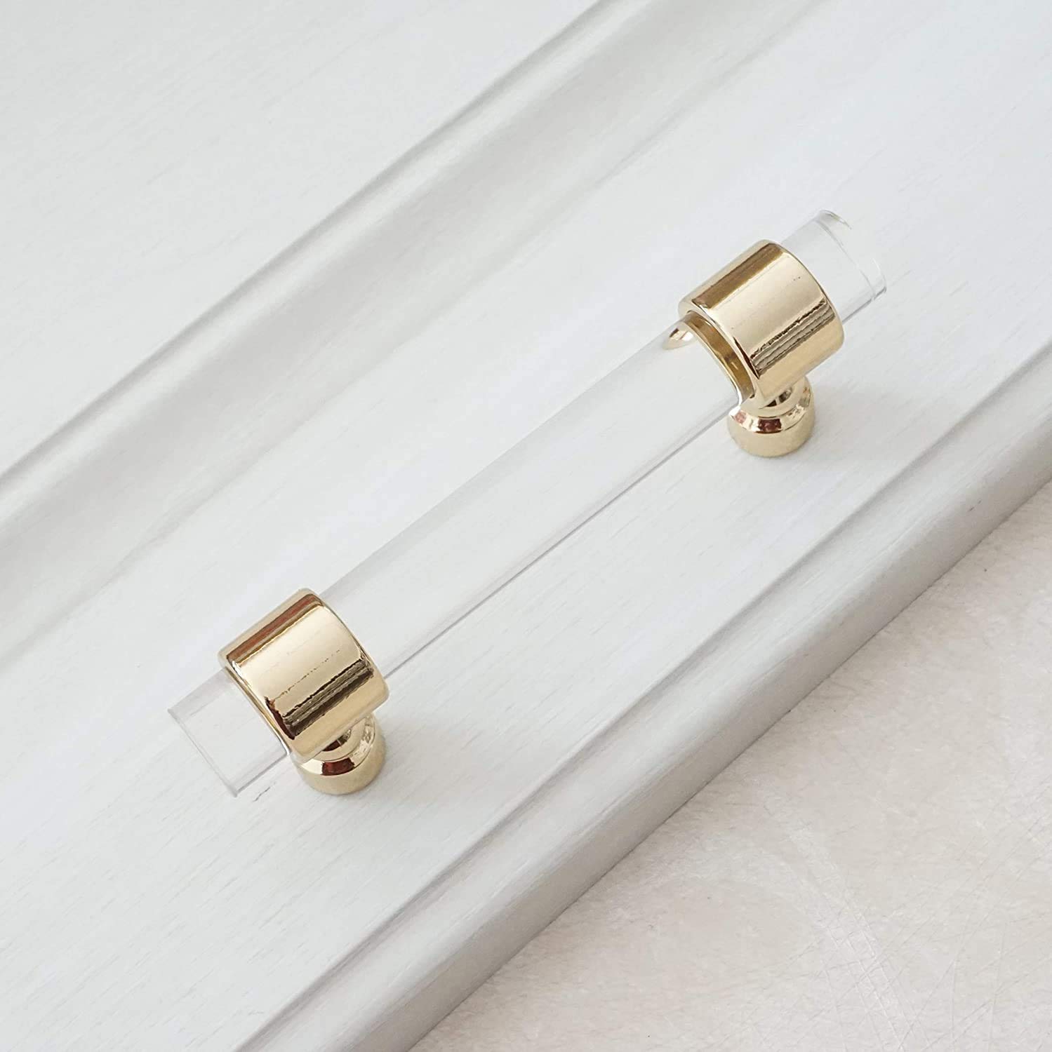 LBFEEL 2.75 Inch Clear Acrylic Cabinet Handles - Crystal Drawer Knobs Pulls for Dresser, Kitchen Cabinets, Bathroom Vanity - Gold Finish 70mm Modern Hardware for Home Decor & Furniture Upgrade