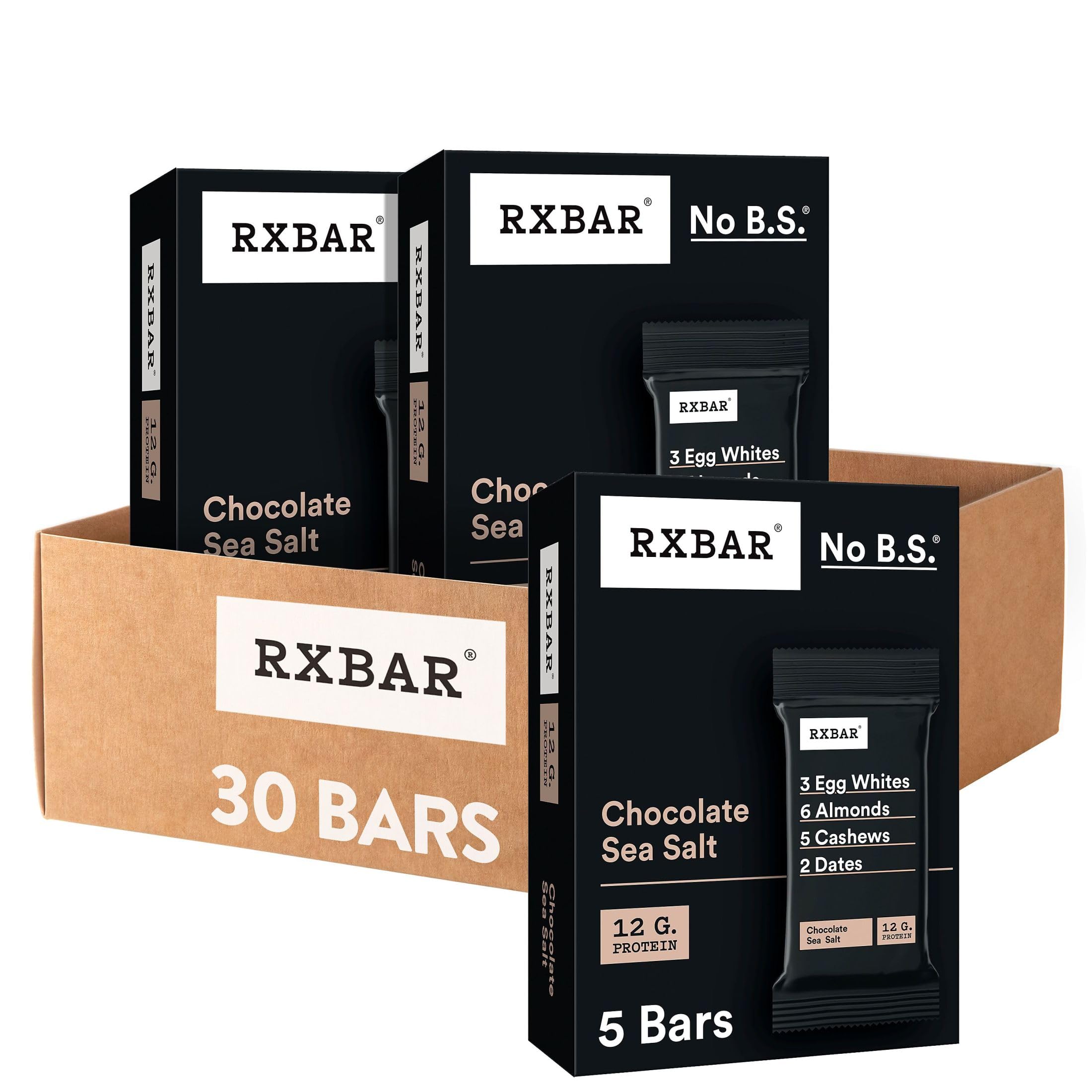 RXBAR Protein Bars - 12g Protein, Gluten Free, Dairy Free, No Added Sugar, Chocolate Sea Salt Flavor (6 Pack, 30 Bars) - Healthy Snack for Workouts, Hiking & On-the-Go Nutrition