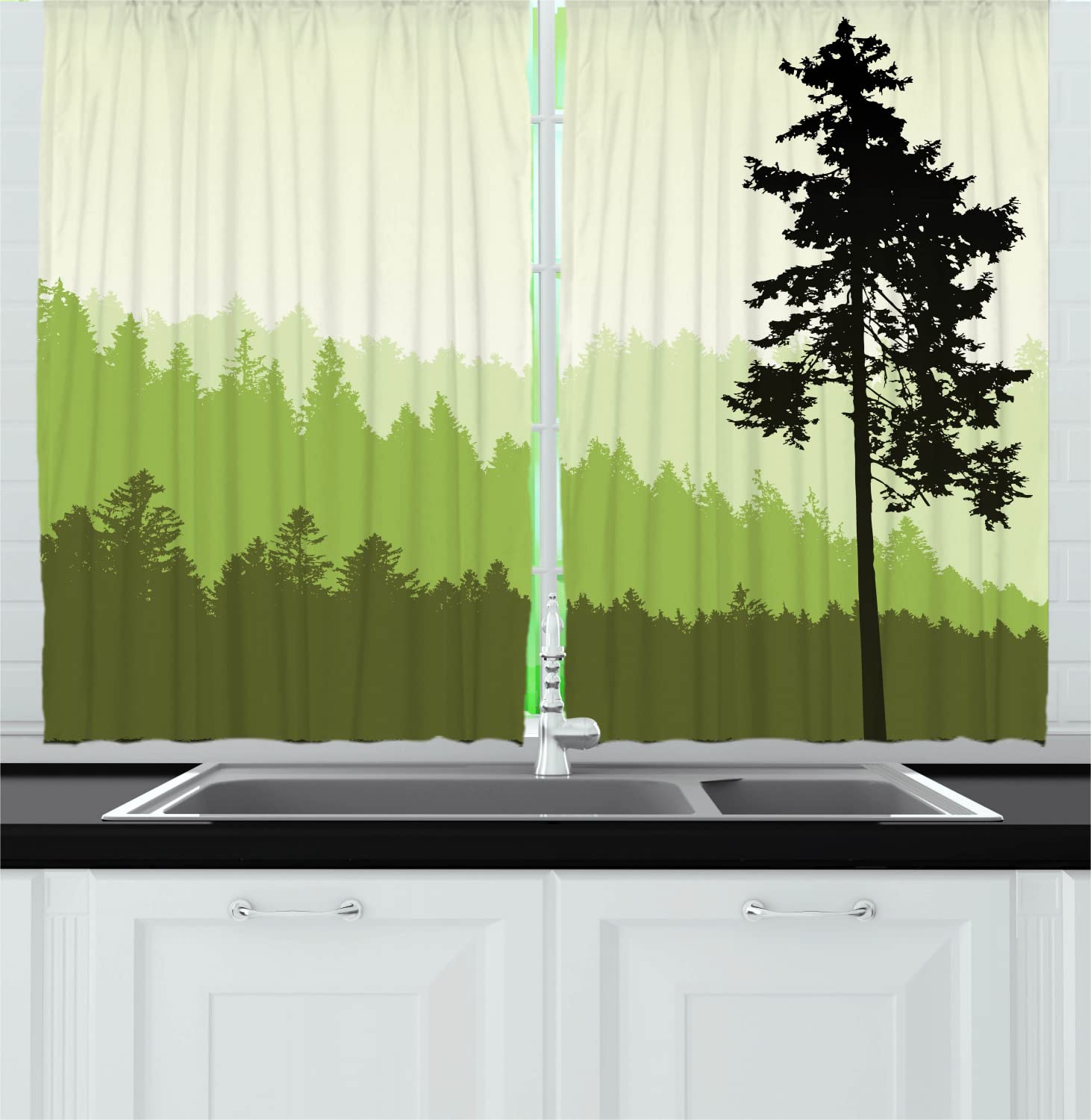 Ambesonne Nature Themed Long Kitchen Curtains - Pine Tree Silhouette Abstract Design with Rod Pocket, 55