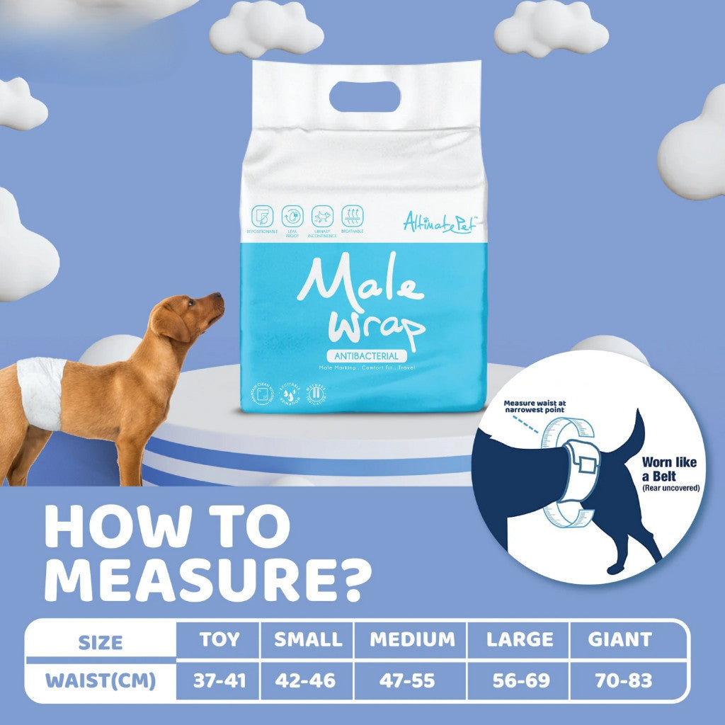 Altimate Pet Antibacterial Disposable Male Dog Wraps - 5 Sizes (Toy, Small, Medium, Large, Giant) - Highly Absorbent & Adjustable Strap - Ideal for House Training, Travel & Senior Dogs with Incontinence Issues