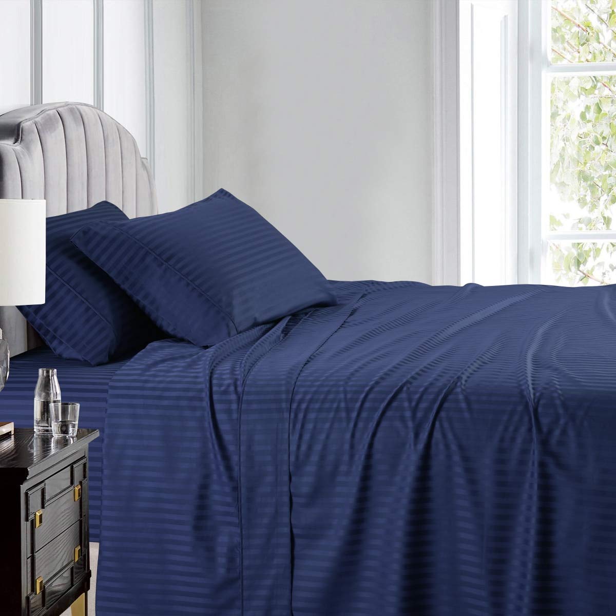 Premium 800 Thread Count Twin-XL Egyptian Cotton Sheets Set - 6 Piece Navy Blue Striped Bedding with 15
