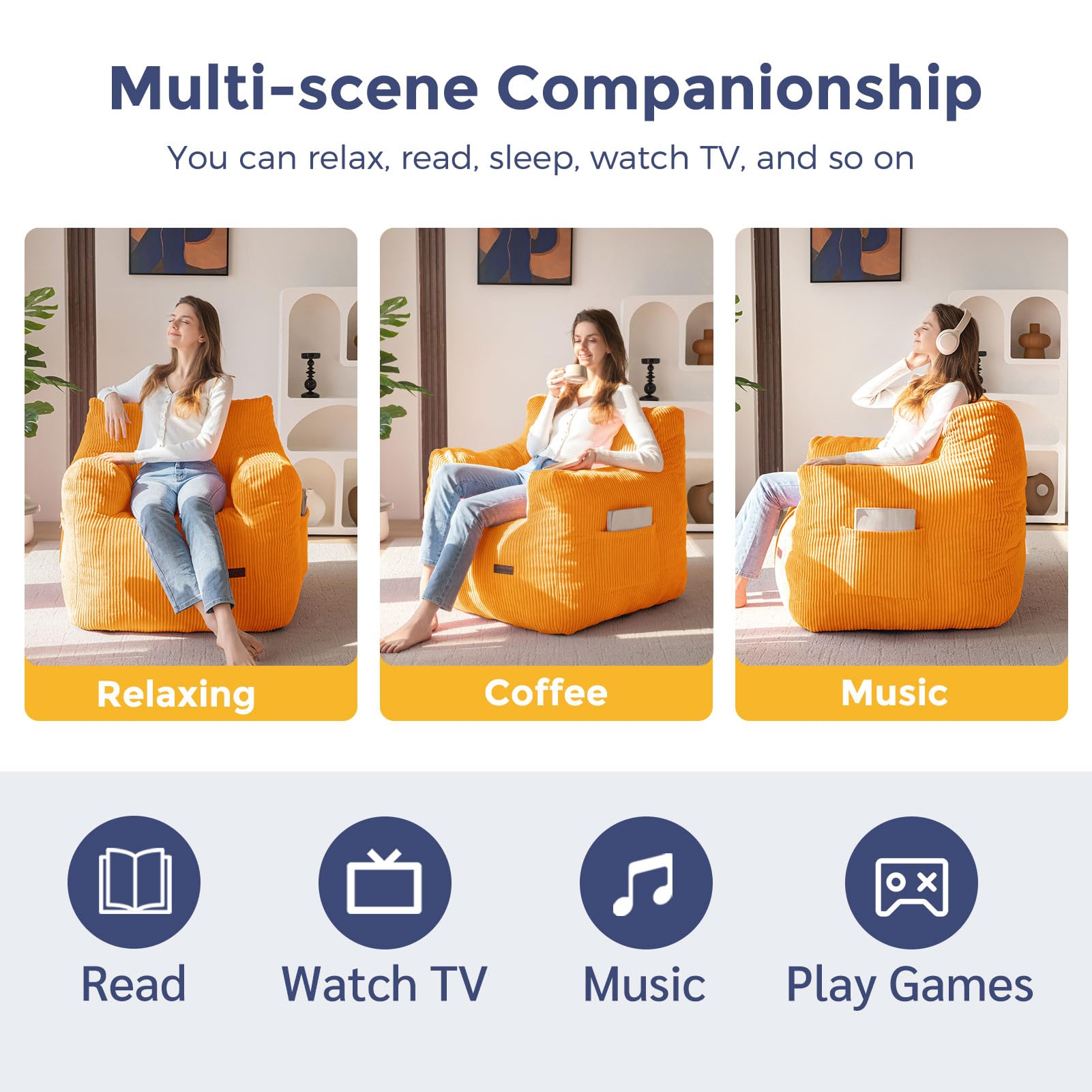 MAXYOYO Tufted Corduroy Bean Bag Chair with Filler - Comfortable Lazy Couch for Adults & Teens in Beige | Perfect for Living Room, Bedroom & Dorm Relaxation