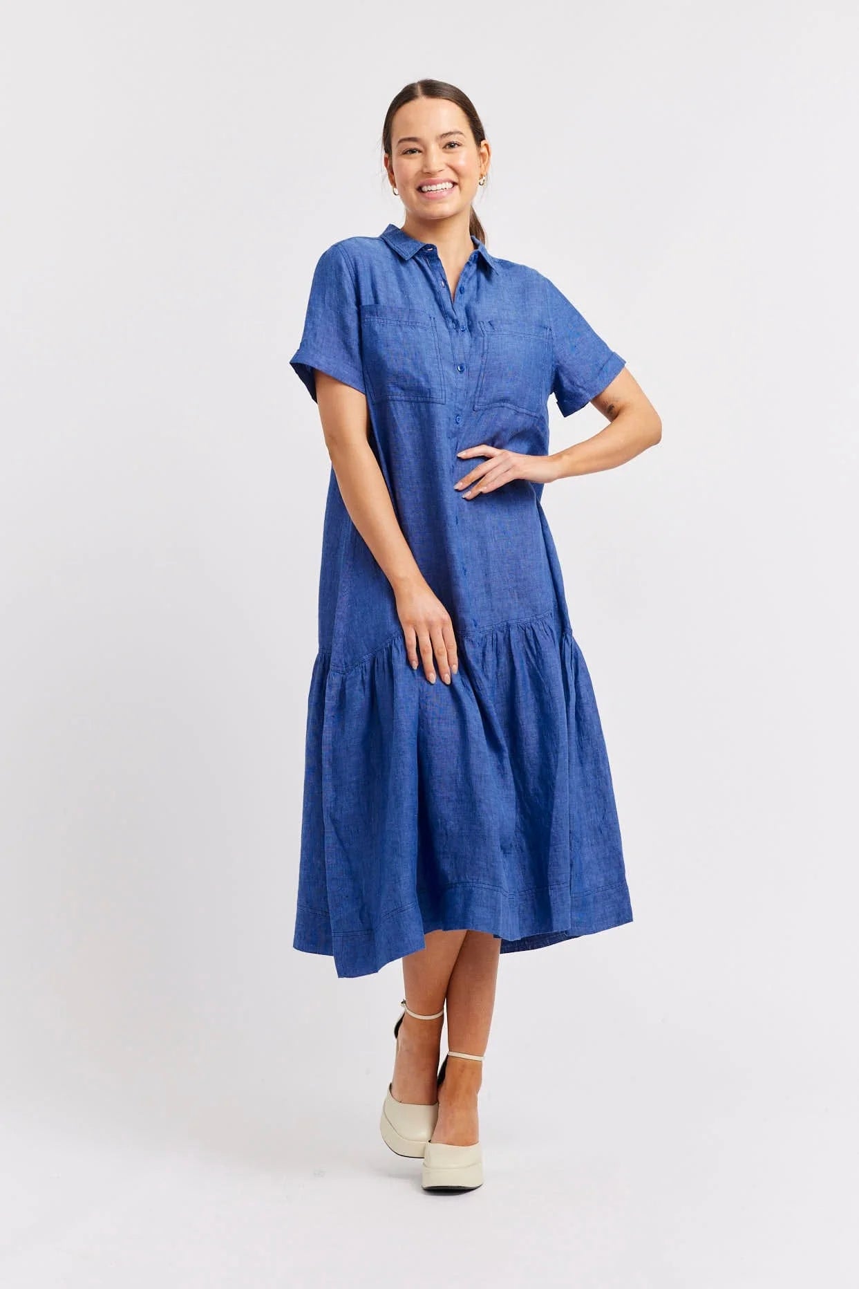 DORA Women's Linen Dress in Denim Blue - Breathable Summer Casual Maxi Dress for Beach, Vacation & Everyday Wear