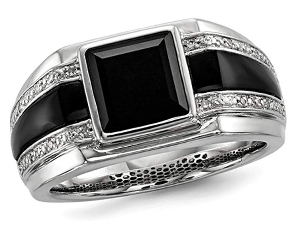 Black Onyx Men's Ring with Accent Diamonds - Black Rhodium Plated Sterling Silver Jewelry for Gifts, Weddings & Formal Occasions