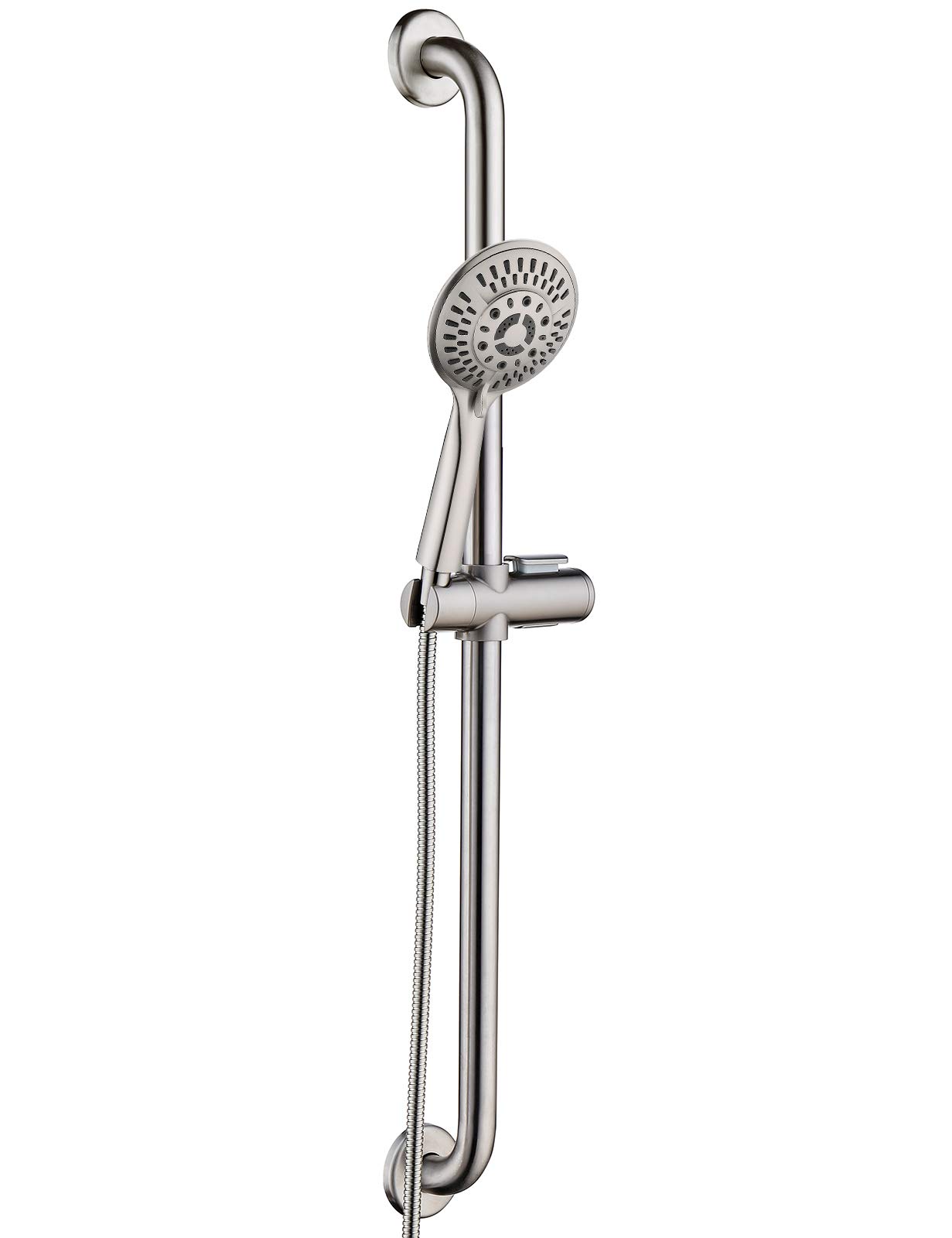 Stainless Steel Grab Bar with Slide Rail - Brushed Nickel Shower Safety Handle with Handheld Shower Head & 5ft Hose - Ideal for Elderly Bathroom Safety & Accessible Shower Installations