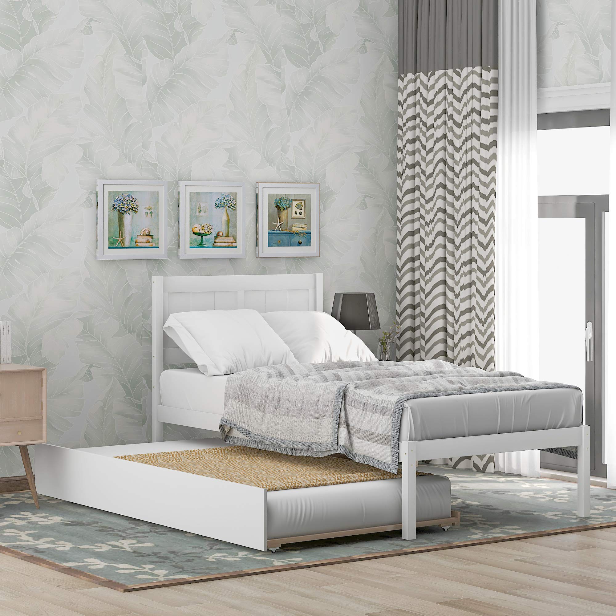 Twin Size Wood Platform Bed Frame with Trundle - Solid Wood Bed Frame, No Box Spring Needed - Perfect for Kids Rooms, Guest Rooms & Small Spaces