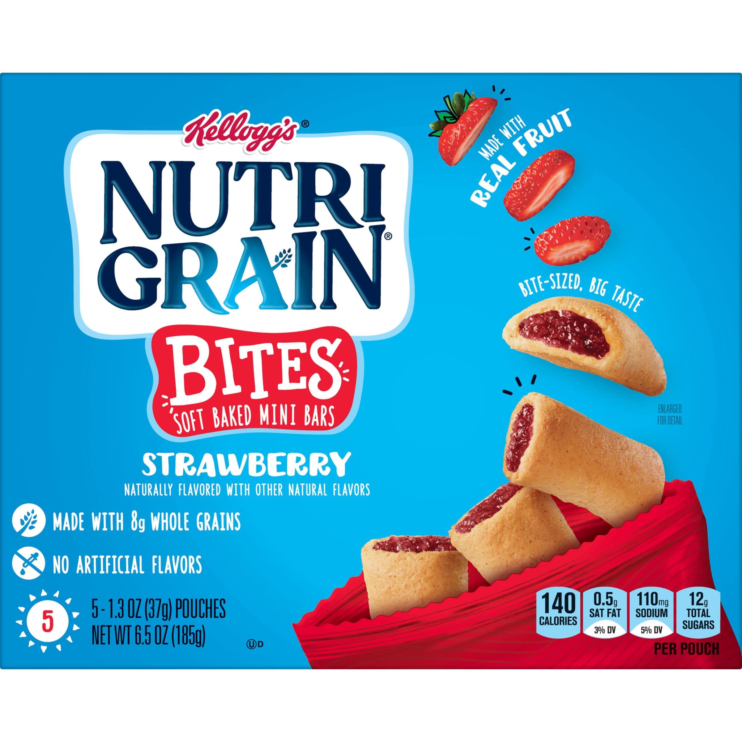 Nutri-Grain Bites Soft Baked Mini Bars - Healthy Whole Grain Strawberry Snacks for Kids - 6.5oz Box (5 Pouches) - Perfect for School Lunches, After-School Treats & On-the-Go Snacking
