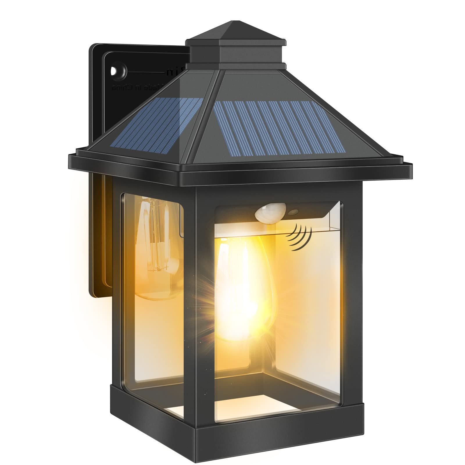 Solar Wall Lights Outdoor Waterproof - INDARUN Motion Sensor Solar Lanterns with 3 Lighting Modes, Dusk to Dawn Black Wall Sconce, Cordless LED Wall Lamp for Front Porch, Patio, Garage, Barn, Villa - Perfect for Pathway Lighting, Garden Decor & Home Security