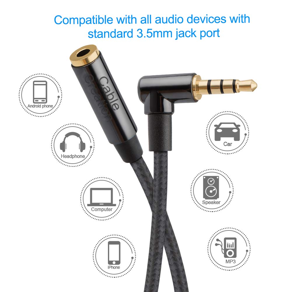 3.5mm TRRS Audio Extension Cable - 6Ft Male to Female Stereo Right Angle Adapter for Beats, Gaming Headsets, iPhone, Tablets - Perfect for Home Theater, PC Gaming & Mobile Devices (Black)