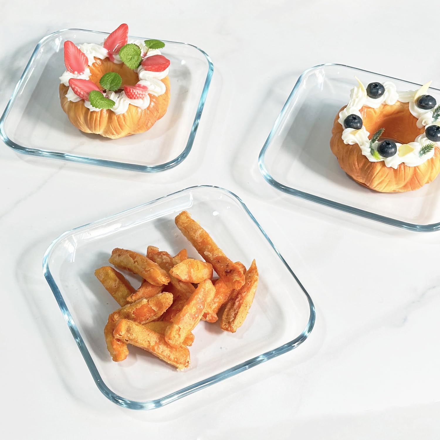 7 Inch Square Tempered Glass Dessert Plates - Set of 3, Mini Appetizer & Salad Plates for Cake, Fruit, Snacks - Perfect for Parties, Weddings, and Home Dining
