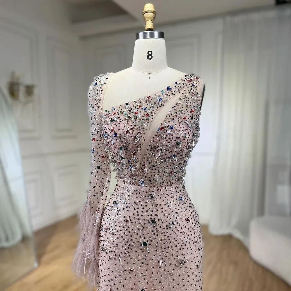 Elegant Pink Mermaid Evening Dress with Crystal Beads & Feather Skirt - Luxury Women's Wedding Party Gown for Prom, Quinceañera & Formal Events 2025 LA72377