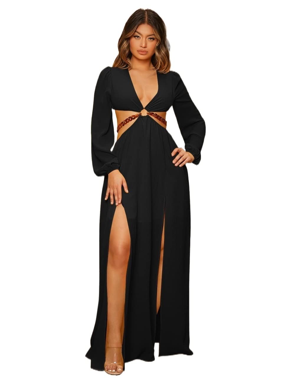 2022 Women's Summer Maxi Dress with Chain Detail, Tied Backless & Thigh Split - Elegant Beachwear for Vacations, Parties & Date Nights