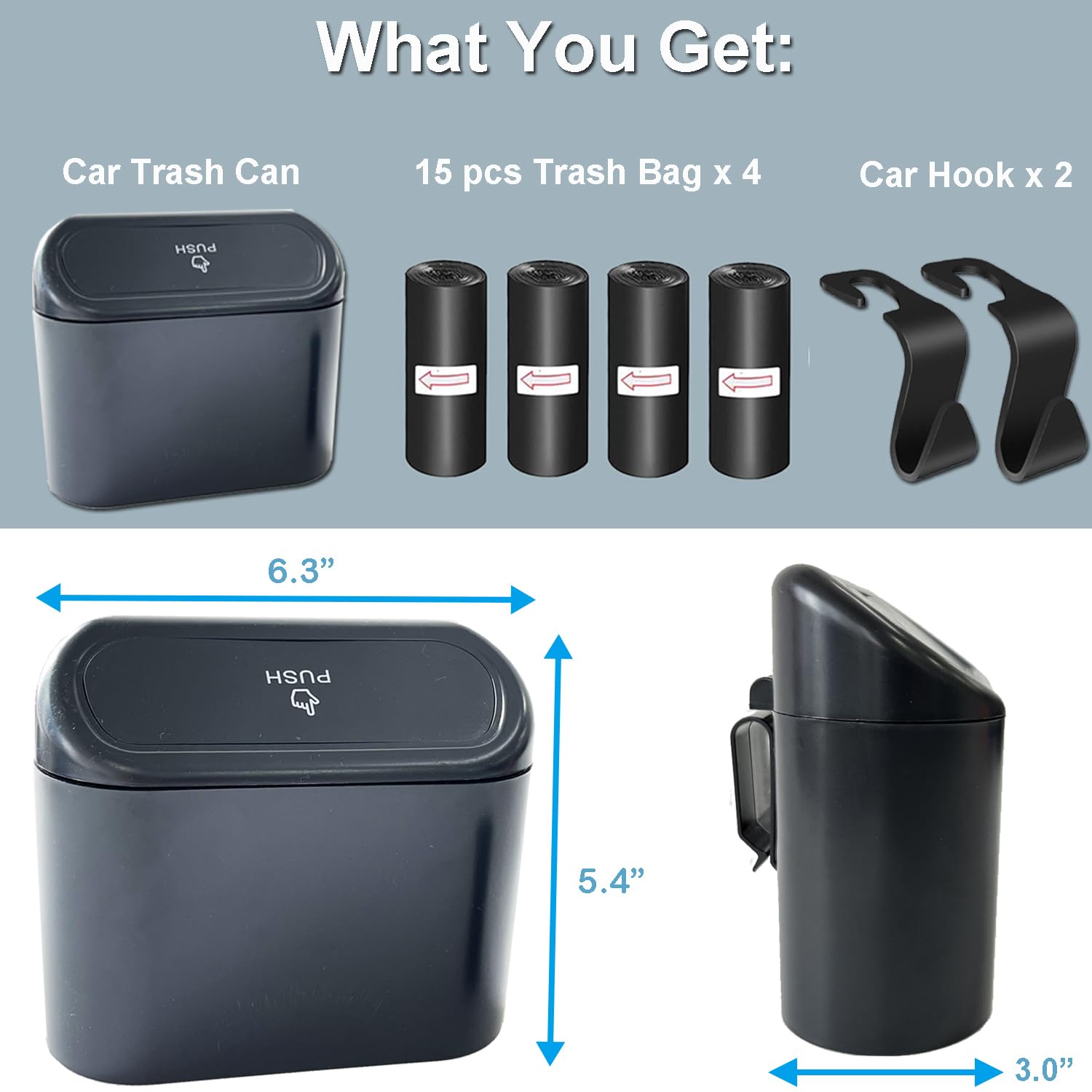 Kitbest Car Trash Can with Lid - 60 Trash Bags & 2 Car Hooks Included | Mini Auto Garbage Bin for Car, Office & Home | Perfect for Front/Back Seat Organization & Road Trips