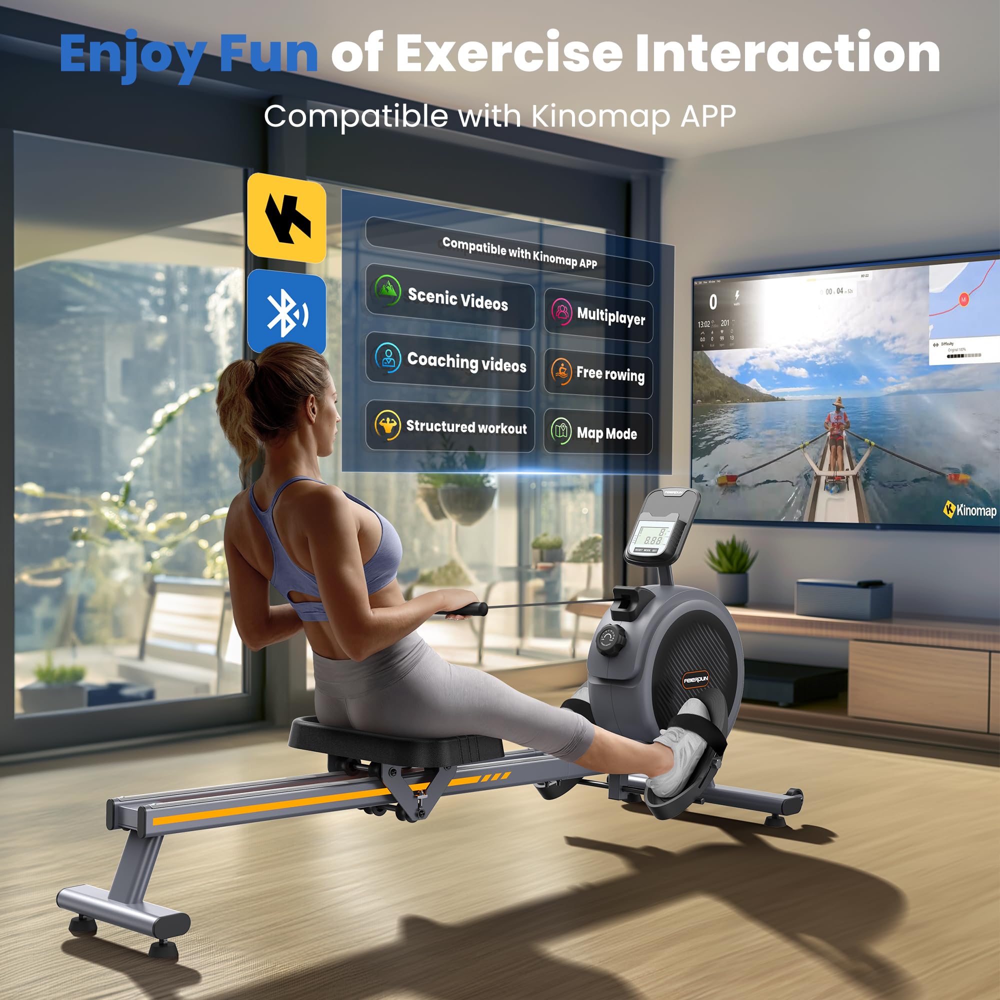 FEIERDUN Magnetic Rowing Machine for Home - 350LBS Weight Capacity, Dual Slide Rail, Bluetooth APP Connectivity - Perfect for Home Gym, Cardio Workouts & Full Body Training