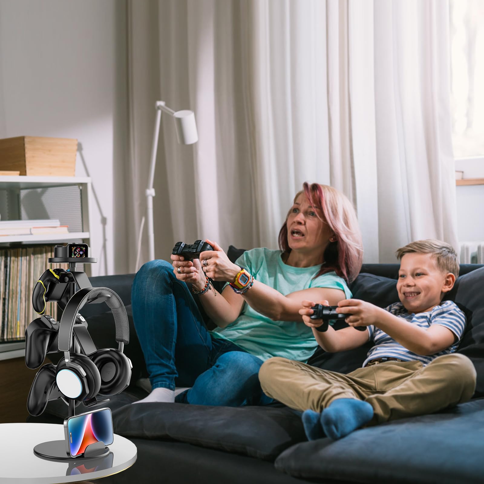 Universal Multi-Layer Adjustable Game Controller Stand & Headphone Holder - Compatible with Xbox, PS4, PS5, Nintendo Switch & PC Gaming Accessories (4 Layers) - Perfect for Organized Gaming Setup & Headset Storage