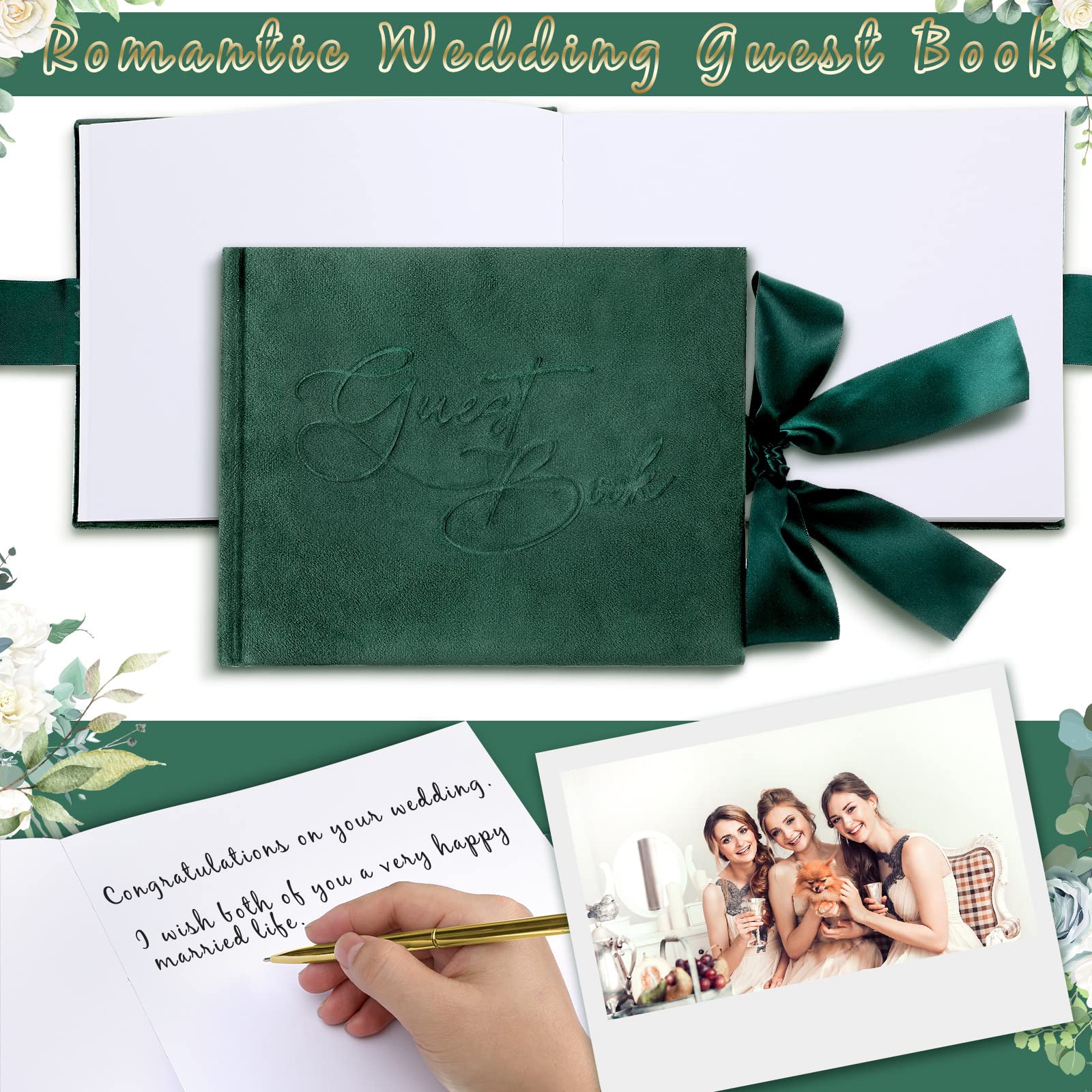 Elegant Green Velvet Wedding Guest Book with Pen - 144 Page Sign-in Book for Bridal Showers, Receptions & Anniversary Parties - Perfect for Wedding Memories & Special Event Guest Signatures