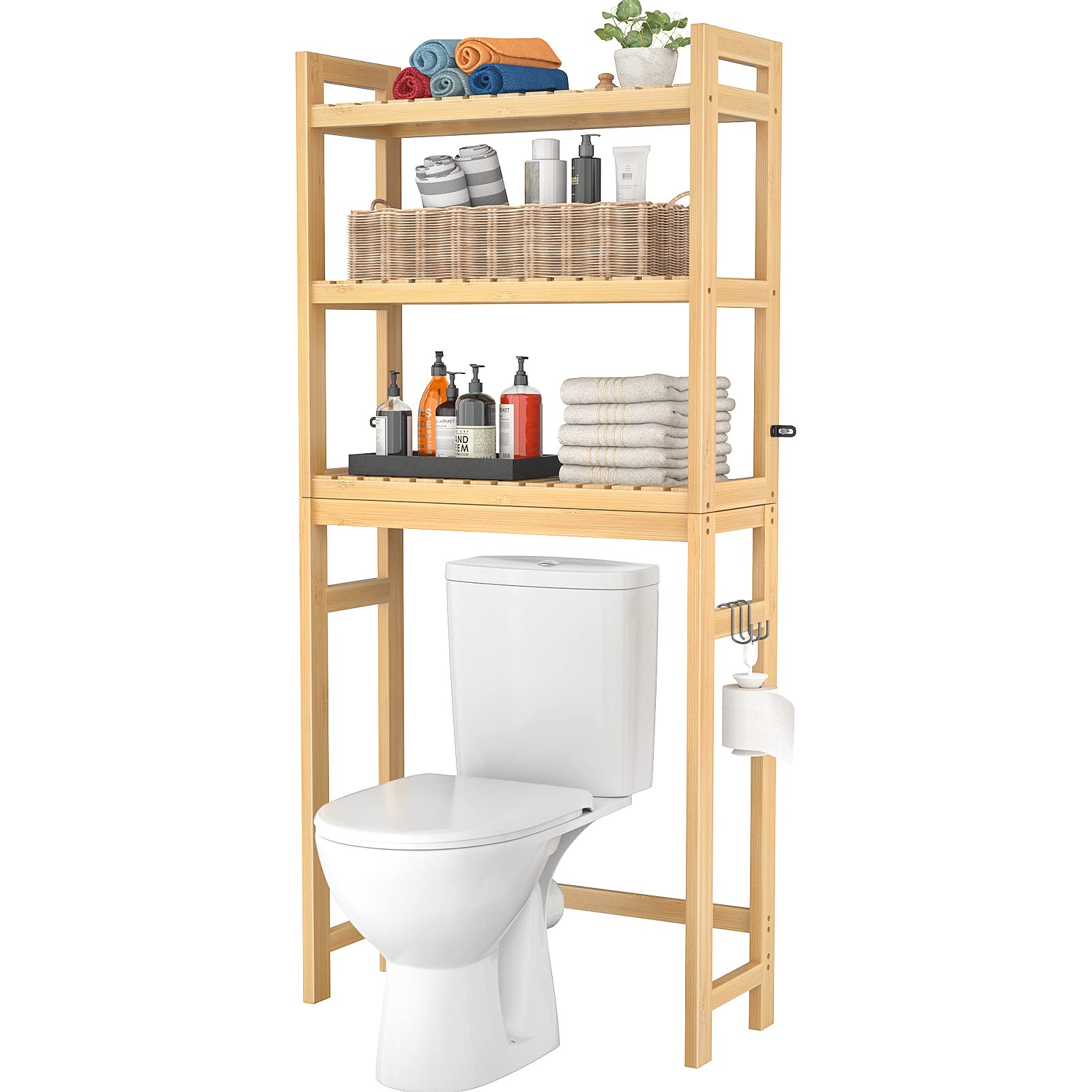 Homykic 3-Tier Over The Toilet Storage Shelf - Bamboo Bathroom Organizer with 3 Hooks, Freestanding Space-Saving Rack for Small Bathrooms, Laundry Rooms & Restrooms - Easy Assembly, Natural Finish - Perfect for Organizing Towels, Toiletries & Cleaning Supplies