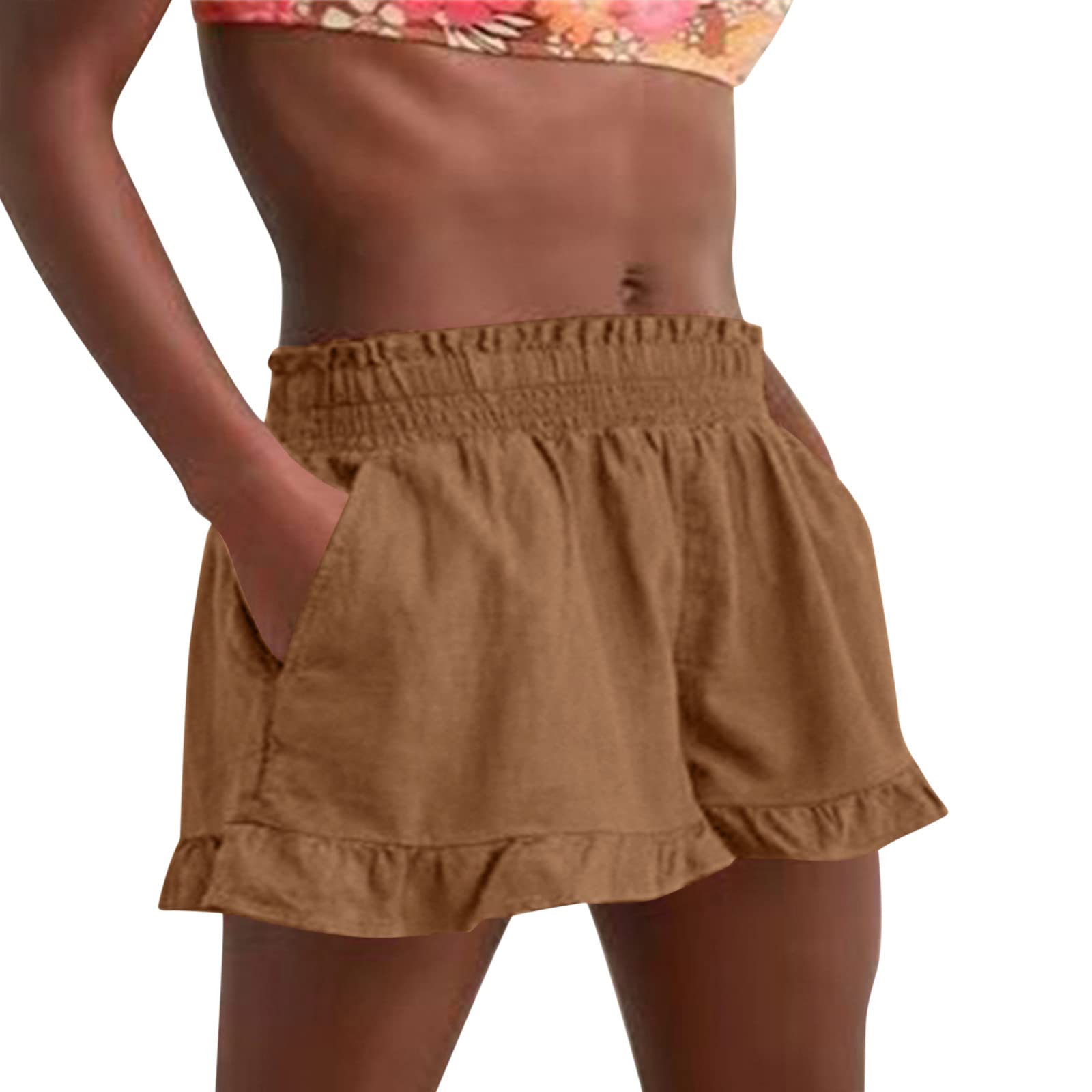 Women's Ruffle Beach Shorts with Pockets - Comfortable Summer Casual Shorts with Elastic Waist - Perfect for Beach Vacations, Pool Parties, and Summer Outings