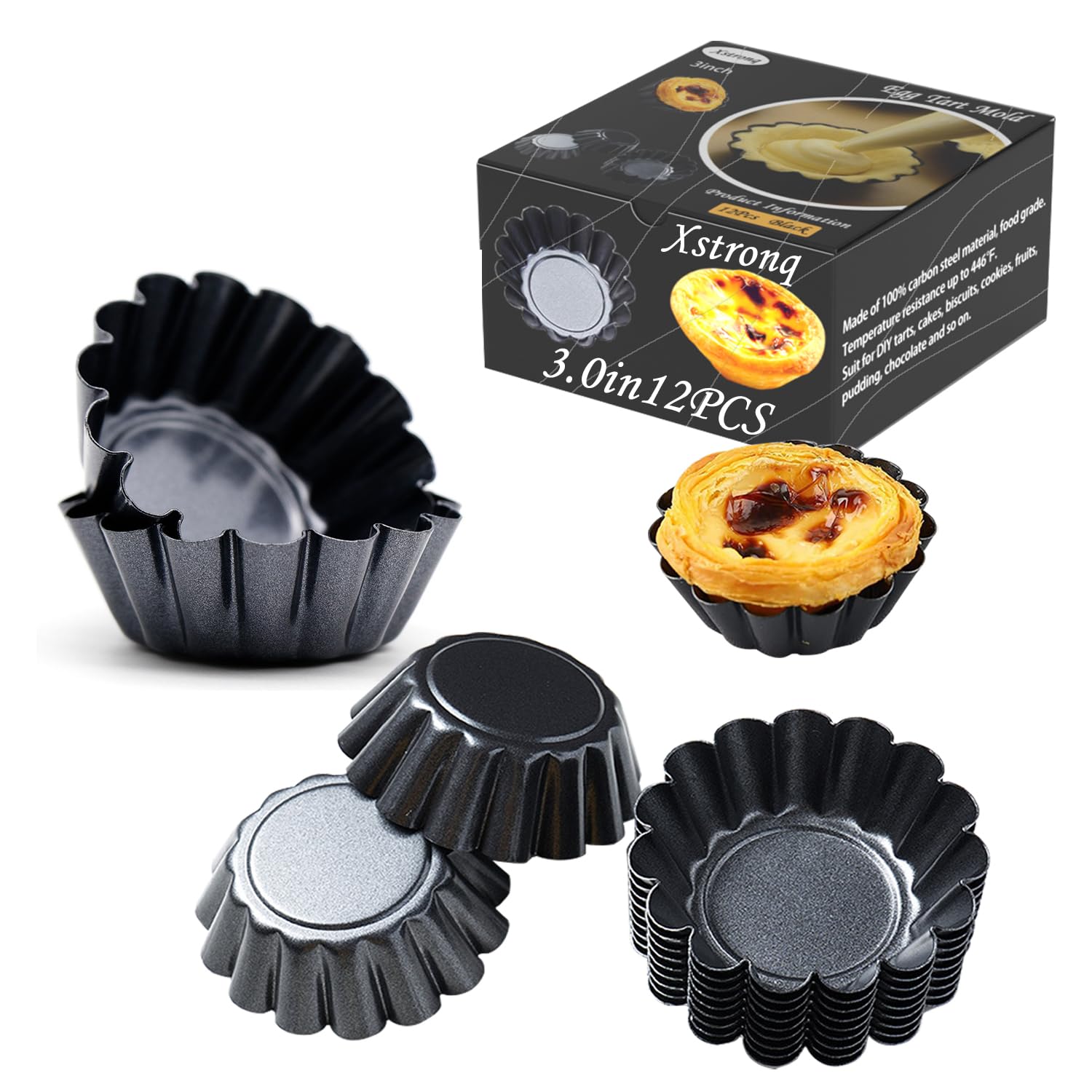 12PCS Mini Carbon Steel Non-Stick Egg Tart Molds - 3 Inch Tart Pans for Baking Perfect Egg Tarts, Custard Tarts & Mini Pies - Ideal for Home Baking, Pastry Shops & Dessert Making