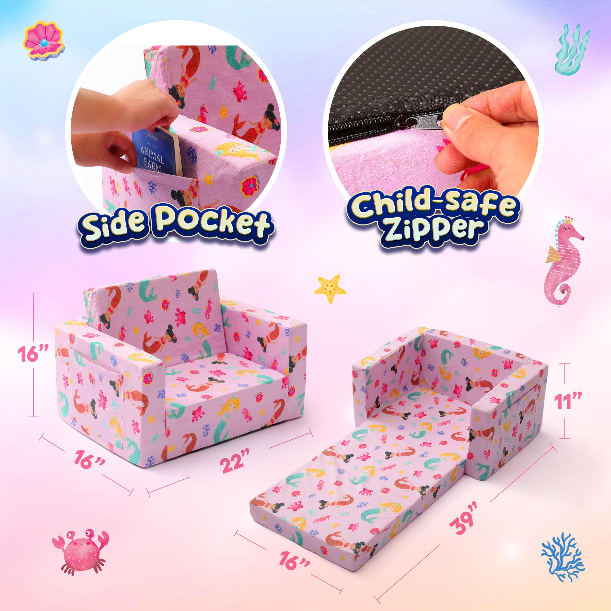 Toddler Couch - Foldable Kids Sofa Bed for Boys & Girls, Soft Baby Lounge Chair with Washable Cover | Perfect for Playroom, Nursery, or Bedtime Reading
