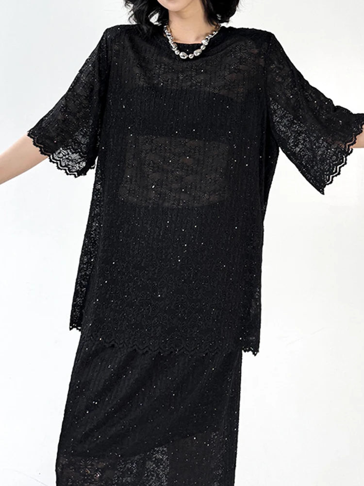 Black Lace T-Shirt & Back Slit Skirt 2-Piece Set - Round Neck Short Sleeve Women's Fashion Outfit for Spring Summer 2025 | Casual Wear, Date Night, Office Attire