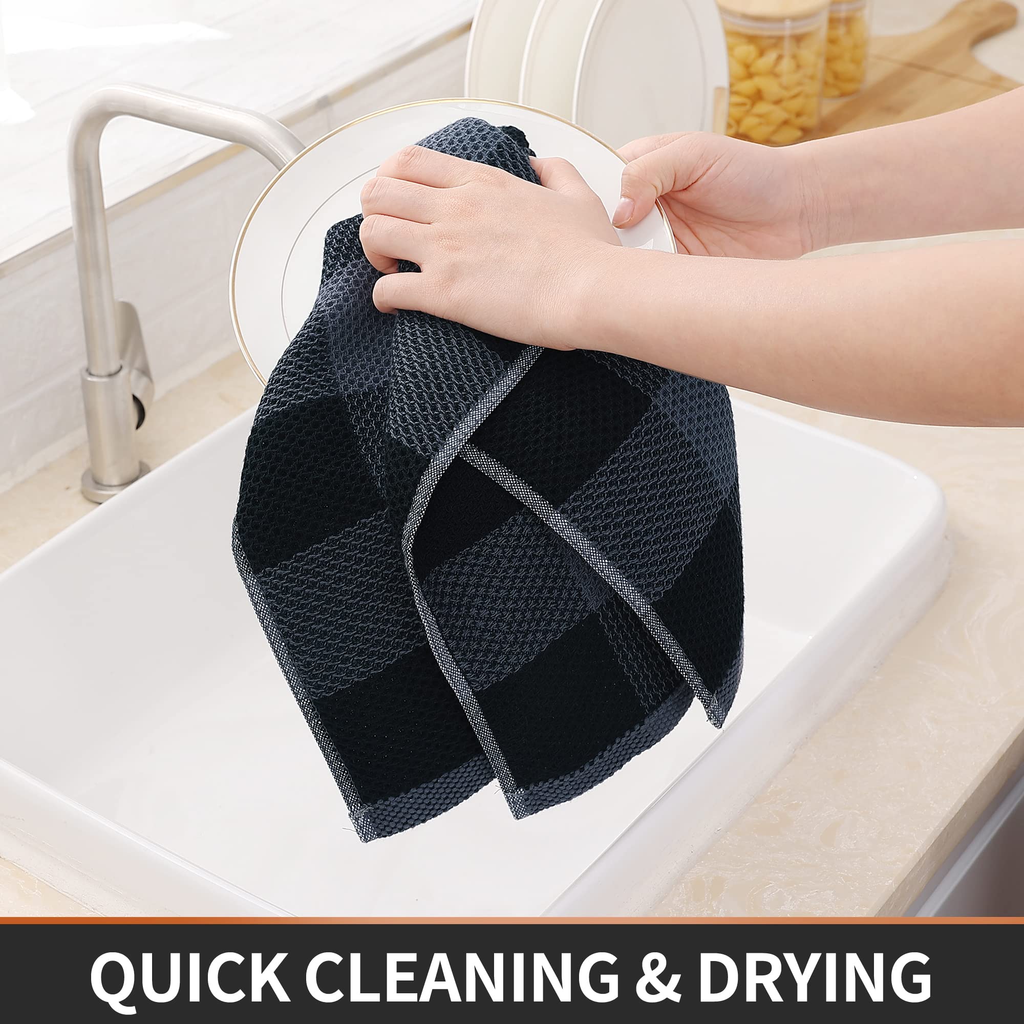 Homaxy 100% Cotton Waffle Weave Kitchen Towels - Super Soft & Absorbent for Dishes - 4-Pack Black & Grey - Perfect for Kitchen & Dining