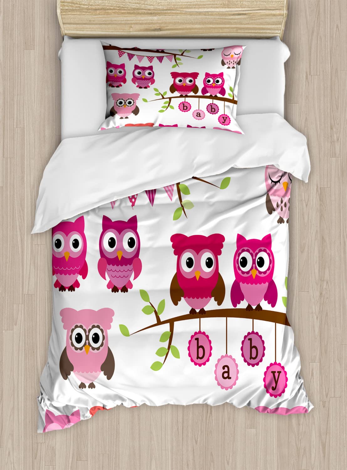 Ambesonne Cartoon Owl Duvet Cover Set - 2 Pack King Size Purple Brown Pink Floral Owl & Branch Design, Includes 2 Duvet Covers & 4 Pillowcases - Perfect for Girls' Bedroom, Kids Room Decor, Nursery, and Themed Bedding