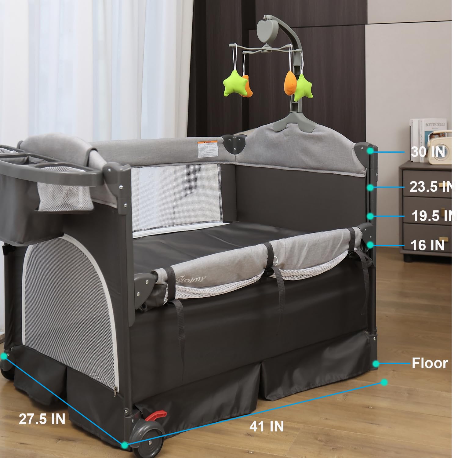 **Zdolmy 4-in-1 Baby Bedside Sleeper Bassinet & Play Yard – Adjustable Height, Diaper Changing Table, Storage Bag, Toy Arch & Music – Portable Crib for Newborns & Infants – Perfect for Nursery, Travel & Co-Sleeping**