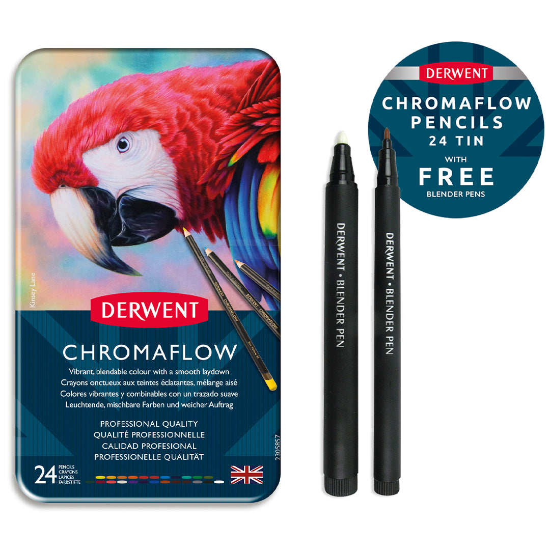 Derwent Chromaflow Colored Pencils Set of 24 with Blender Pens - Premium Artist Drawing Kit for Sketching, Coloring & Blending - Perfect for Adult Coloring Books, Art Projects & Professional Illustrations