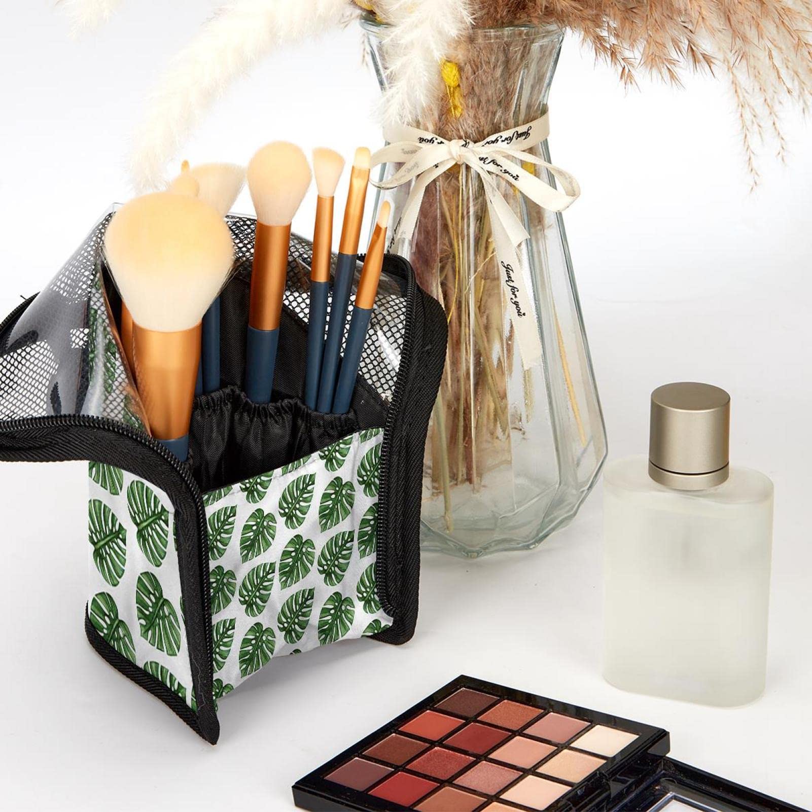 12-Piece Makeup Brush Organizer Bag with Green Tropical Leaves Design - Portable Travel Cosmetic Brush Holder Case for Summer Vacation, Beach Trips & On-The-Go Touch Ups