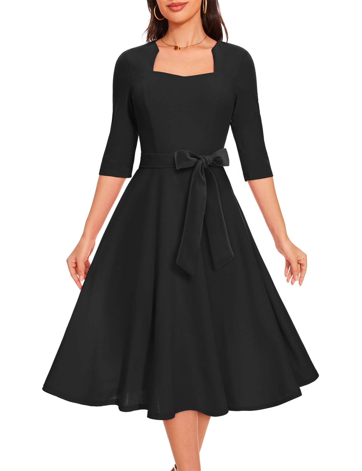 Elegant Women's Formal Cocktail Dress with Flared A-Line Skirt & 3/4 Sleeves - Perfect for Weddings, Prom, Church & Tea Party Events