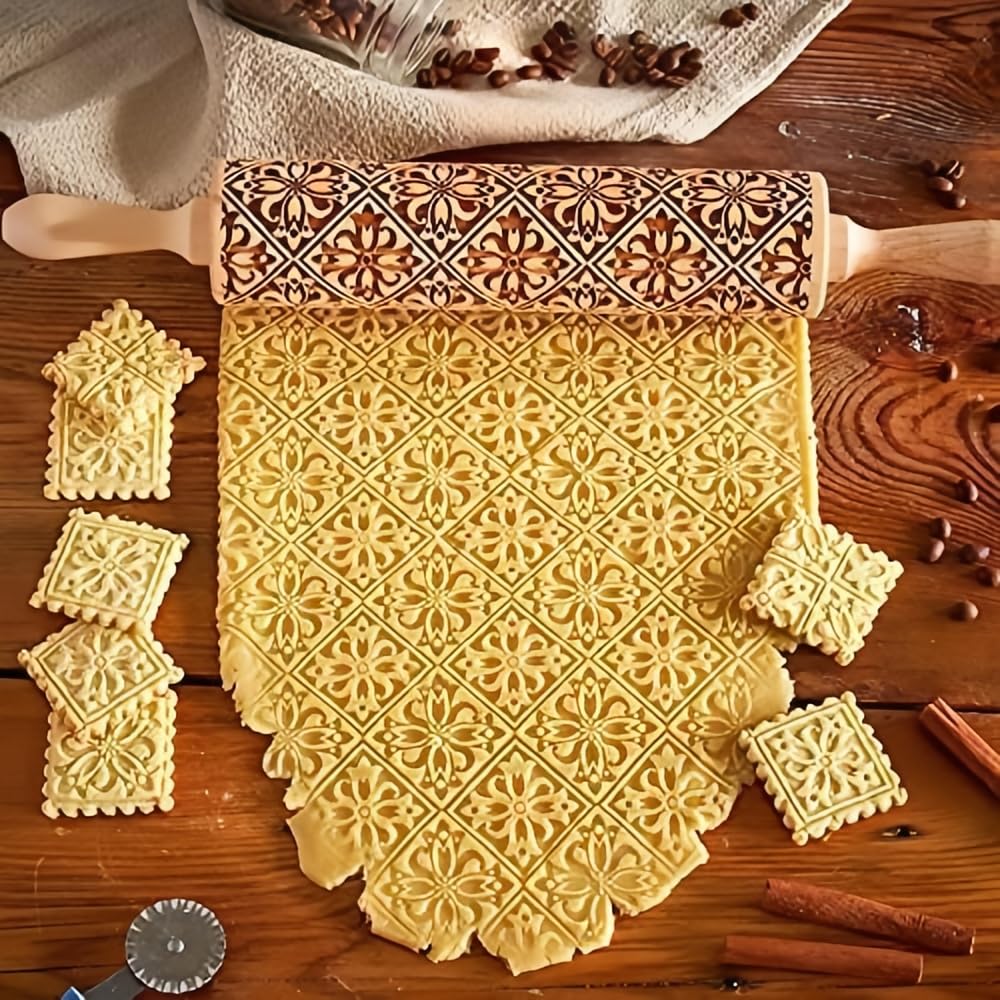 Engraved Wooden Rolling Pin for Baking - Christmas Cookie Stamps with Square Grid & Flower Window Design - Perfect for Embossed Cookies, Holiday Baking & Kitchen Decor