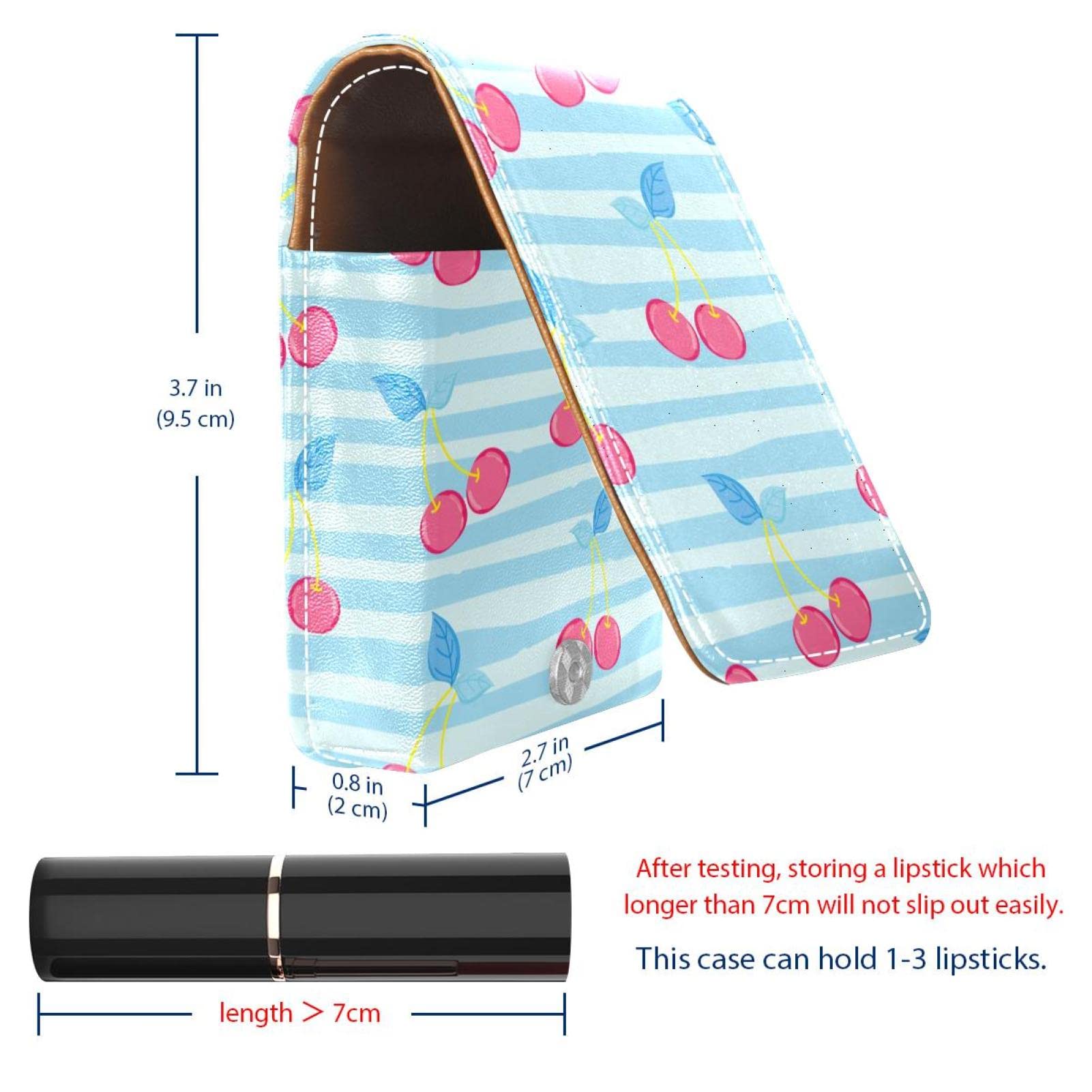 Personalized Lipstick Case - Portable Makeup Bag & Cosmetic Pouch Organizer with Watercolor Red Cherries & Pastel Blue Stripes | Perfect for Travel, Daily Use & Gift Giving