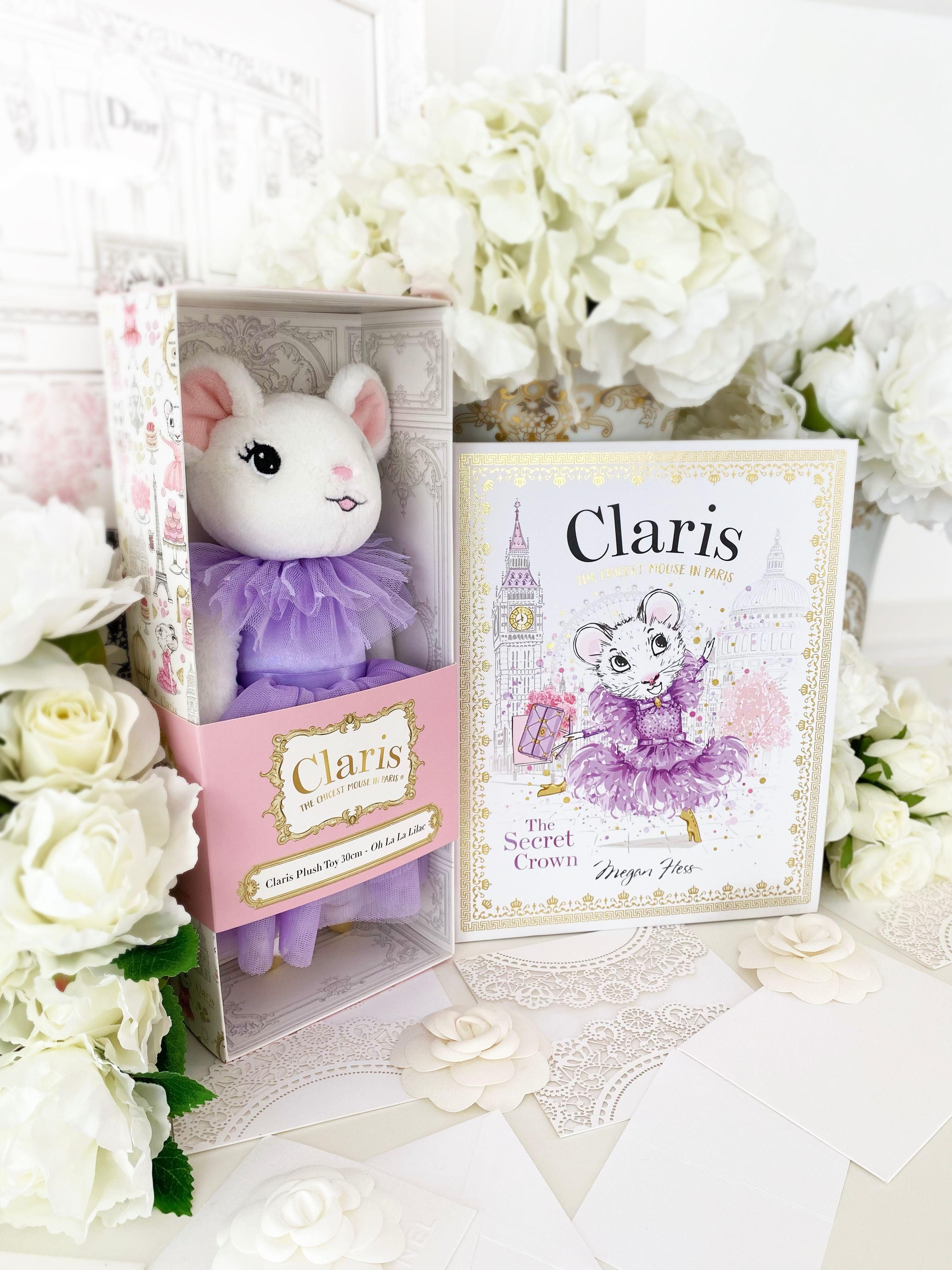 Claris The Mouse: The Secret Crown & Oh La La Lilac Plush Book Set - Cute Storybook and Plush Toy Gift for Kids, Perfect for Bedtime Reading and Playtime
